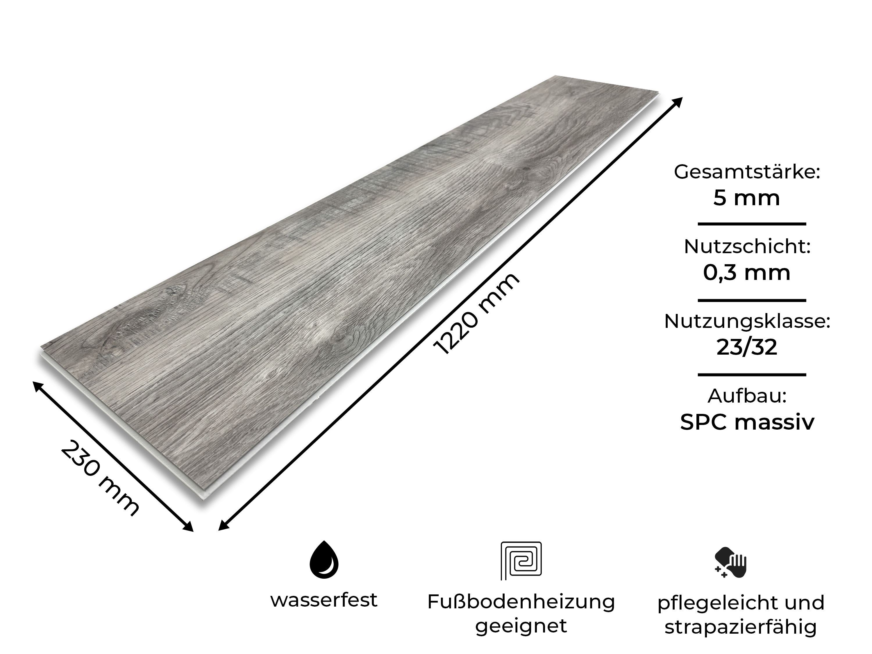 TRECOR® SPC Rigid Klick-Vinylboden Eiche Rustikal Grau Landhausdiele – wasserfest, 5 mm stark, 0,3 mm Nutzschicht
