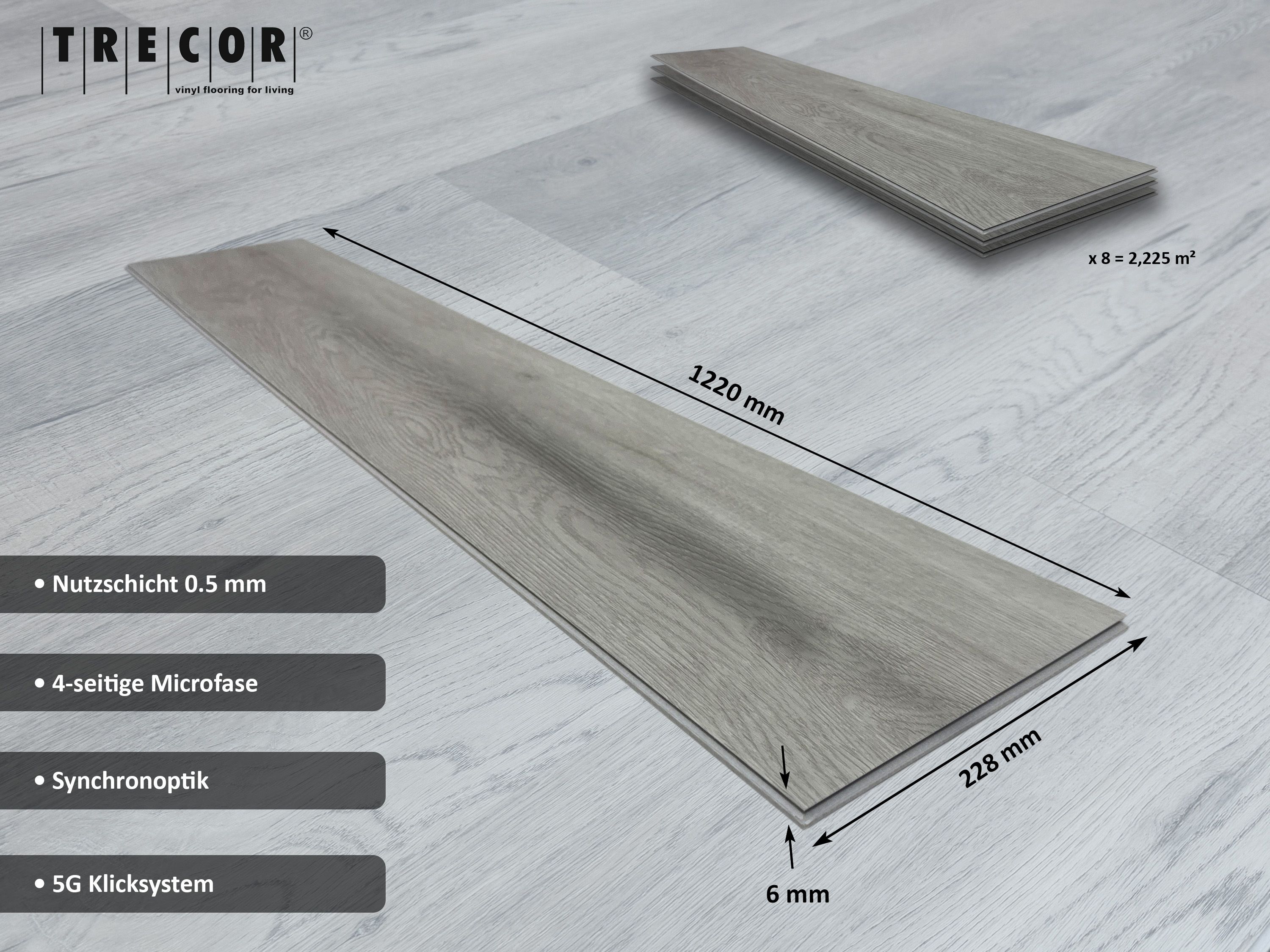 TRECOR® SPC / RIGID Klick Vinylboden Eiche Premium Hell Landhausdiele - 5 mm - Synchronoberfläche - 5G Klick