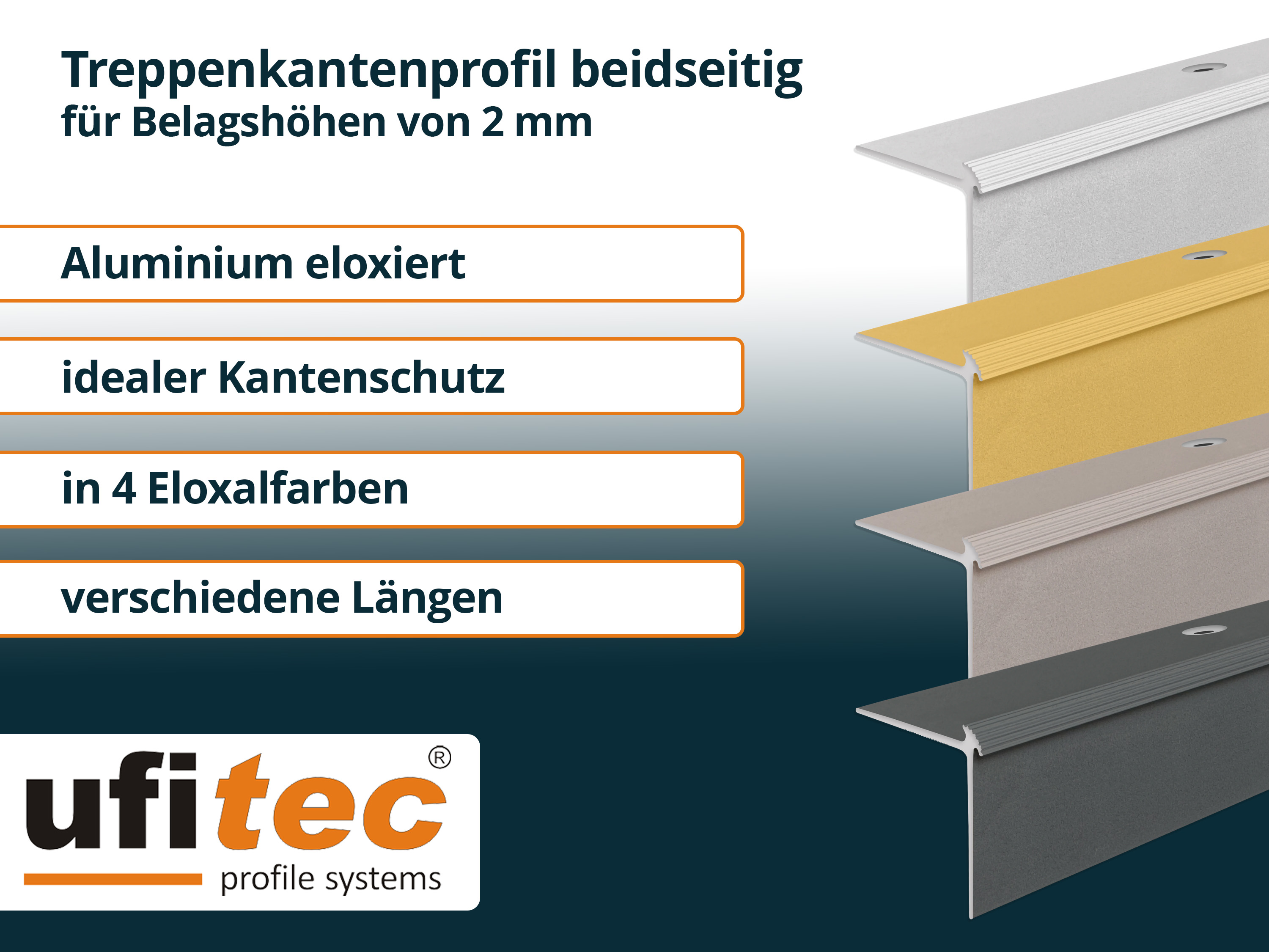 ufitec® Treppenkantenprofil beidseitig für Vinylböden für Belagshöhen von 2 mm - Alu eloxiert