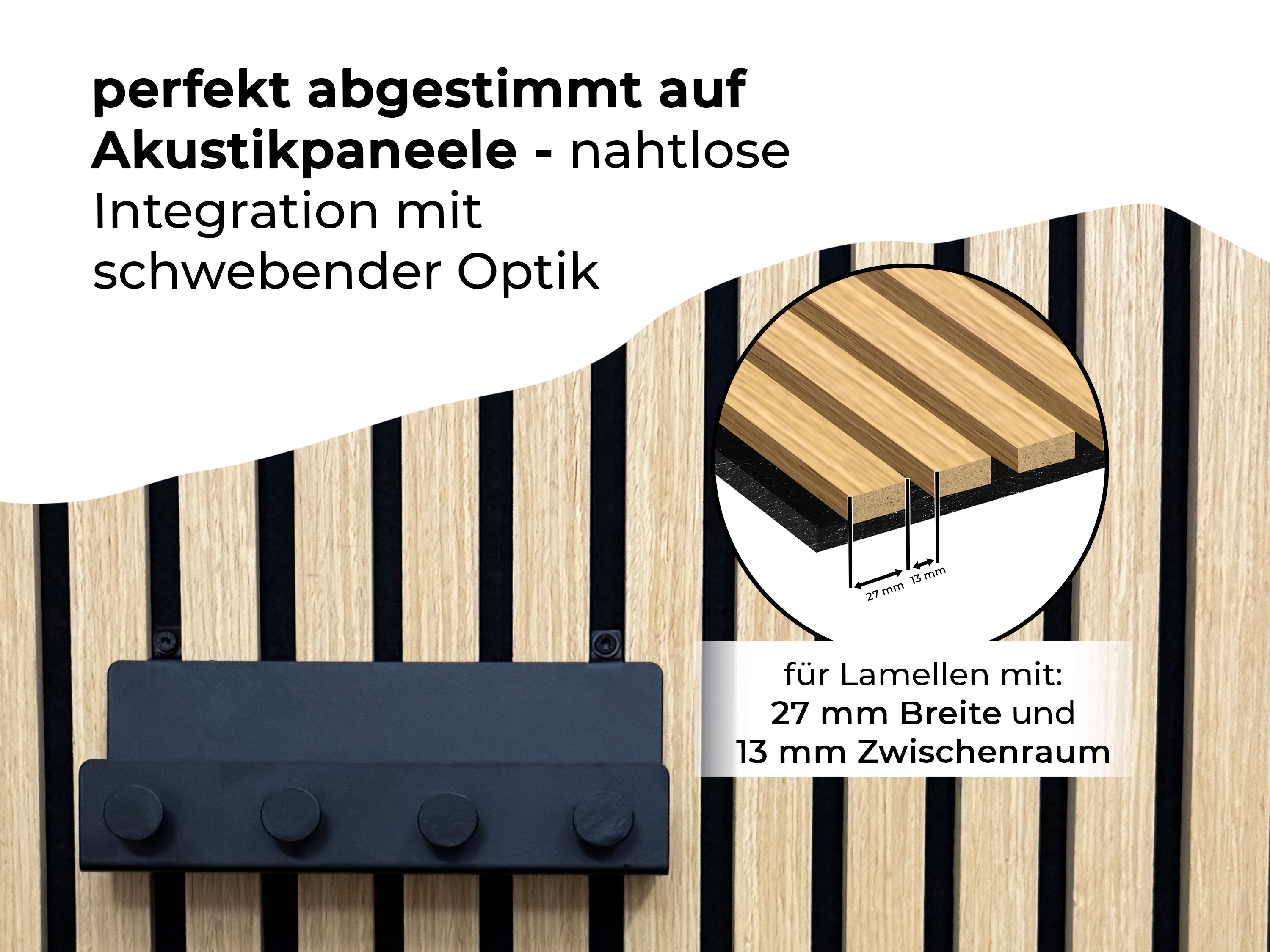 Wandregal mit Hakenleiste Einhängeregal für Akustikpaneele 20 cm – schwarzes Metallregal mit integrierten Haken