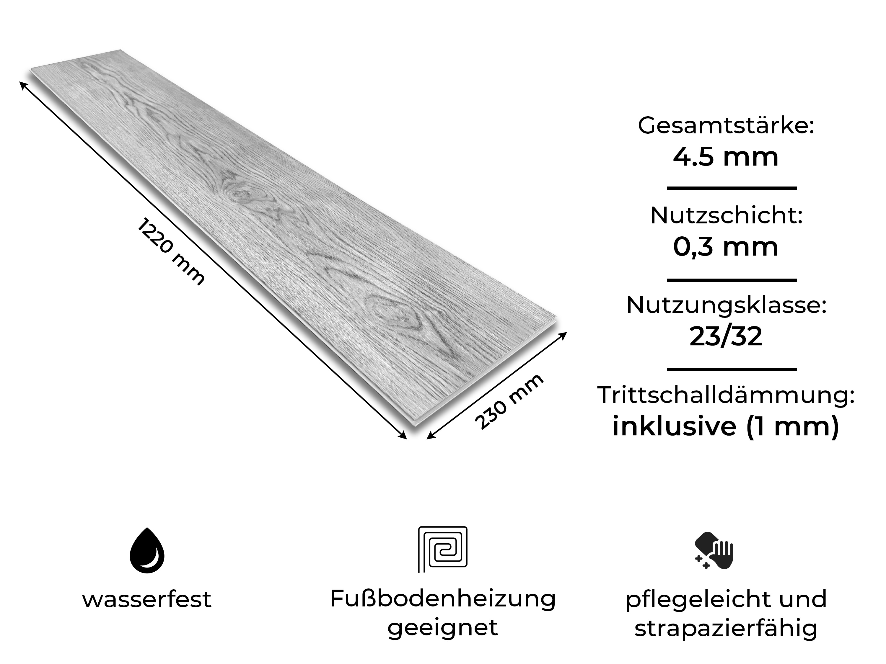 Vinylboden Eiche weiss Silent Klickvinyl 4.5 mm Stark inkl. 1 mm Trittschalldämmung und 0,3 mm Nutzschicht SPC Trägerplatte