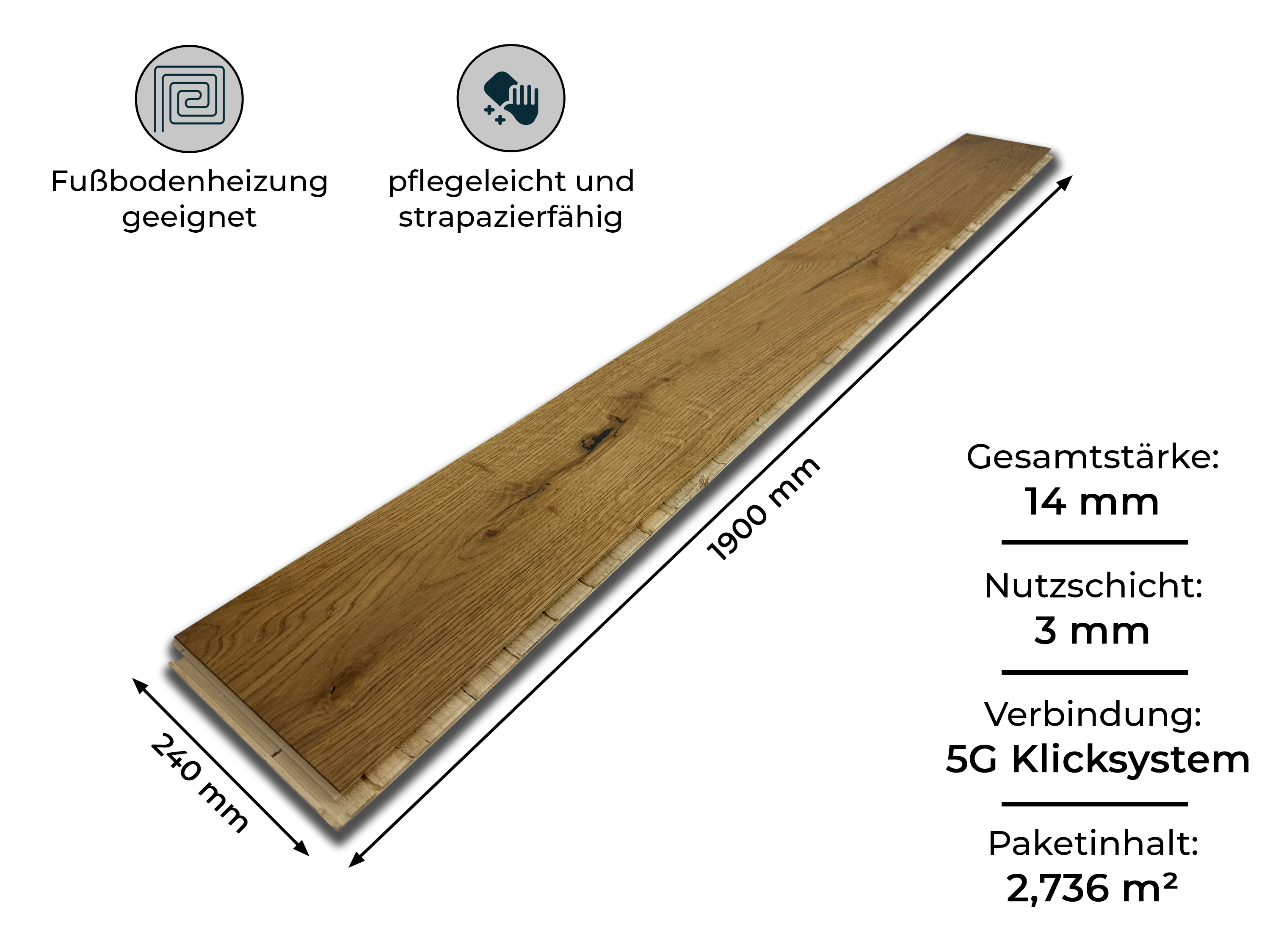 Parkettboden Eiche Premium Klick Parkett Landhausdiele 3 Schicht 240 mm Breit Rubio R101, gebürstet, gefast & endgeölt