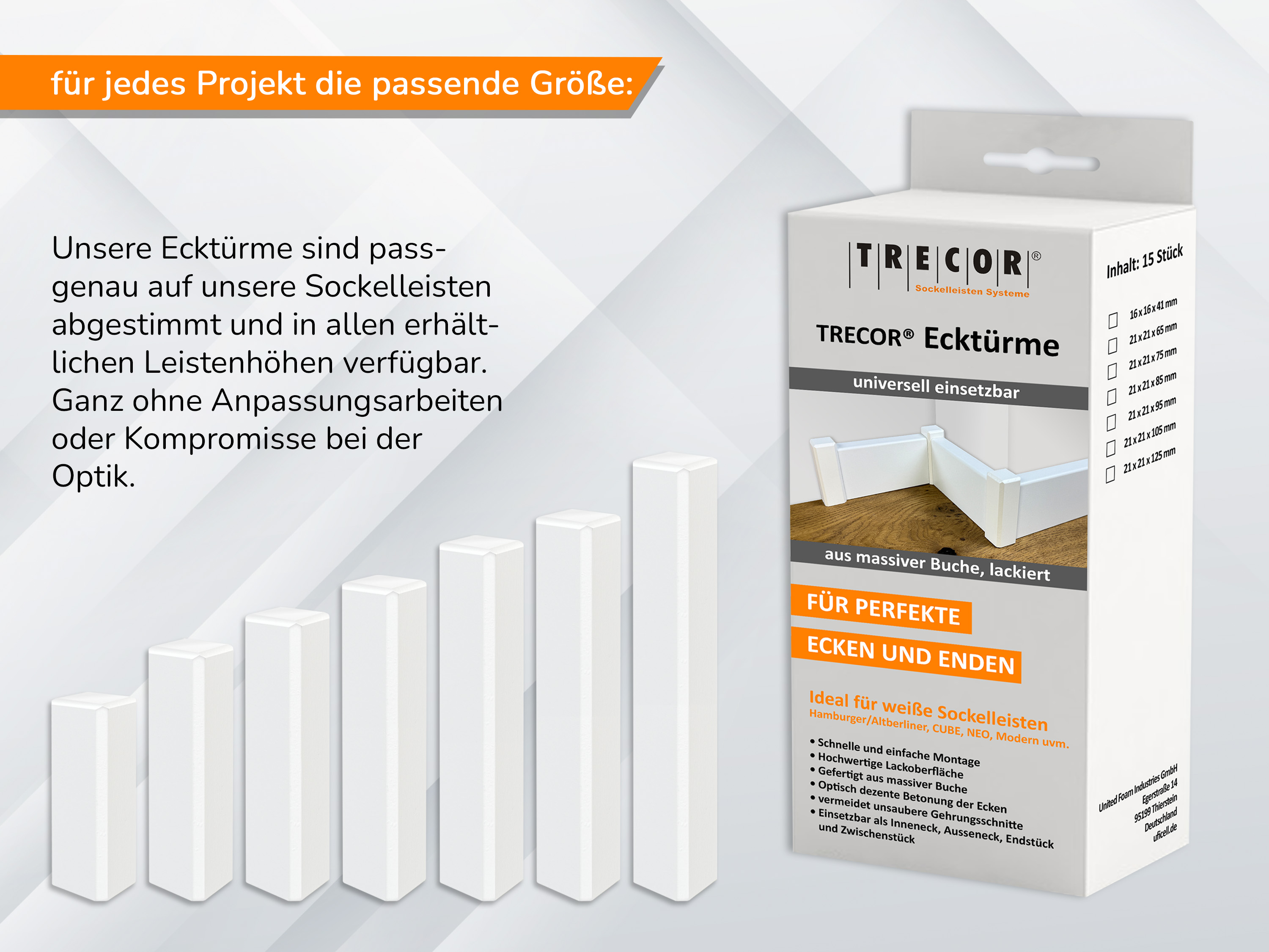 TRECOR® Weiße Holzecken Ecktürme weiß für Trecor® Sockelleisten