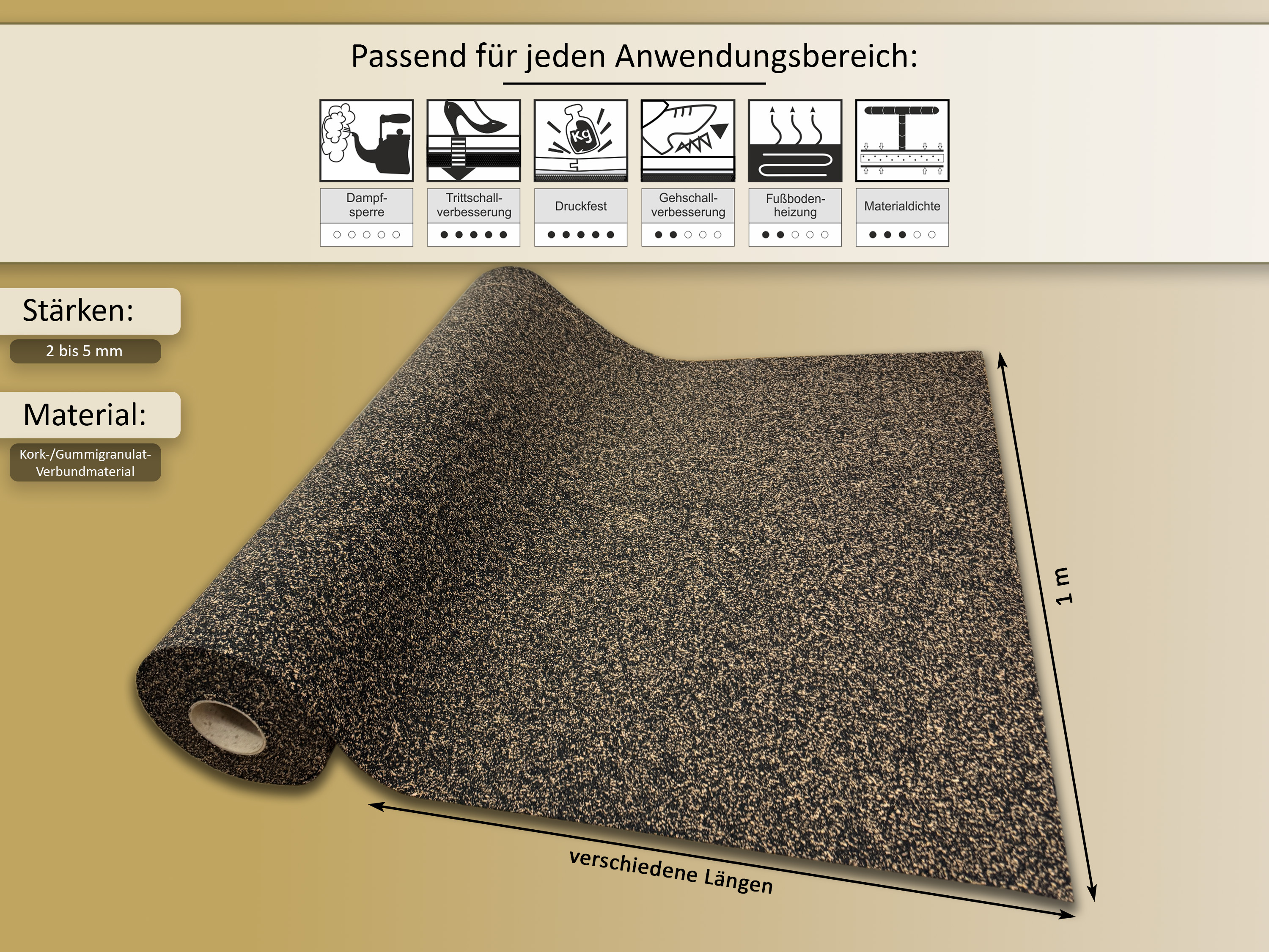 uficell® Gummikork (Rubberkork) Akustik und Vibrations Trittschalldämmung Stärken 2 - 8 mm 