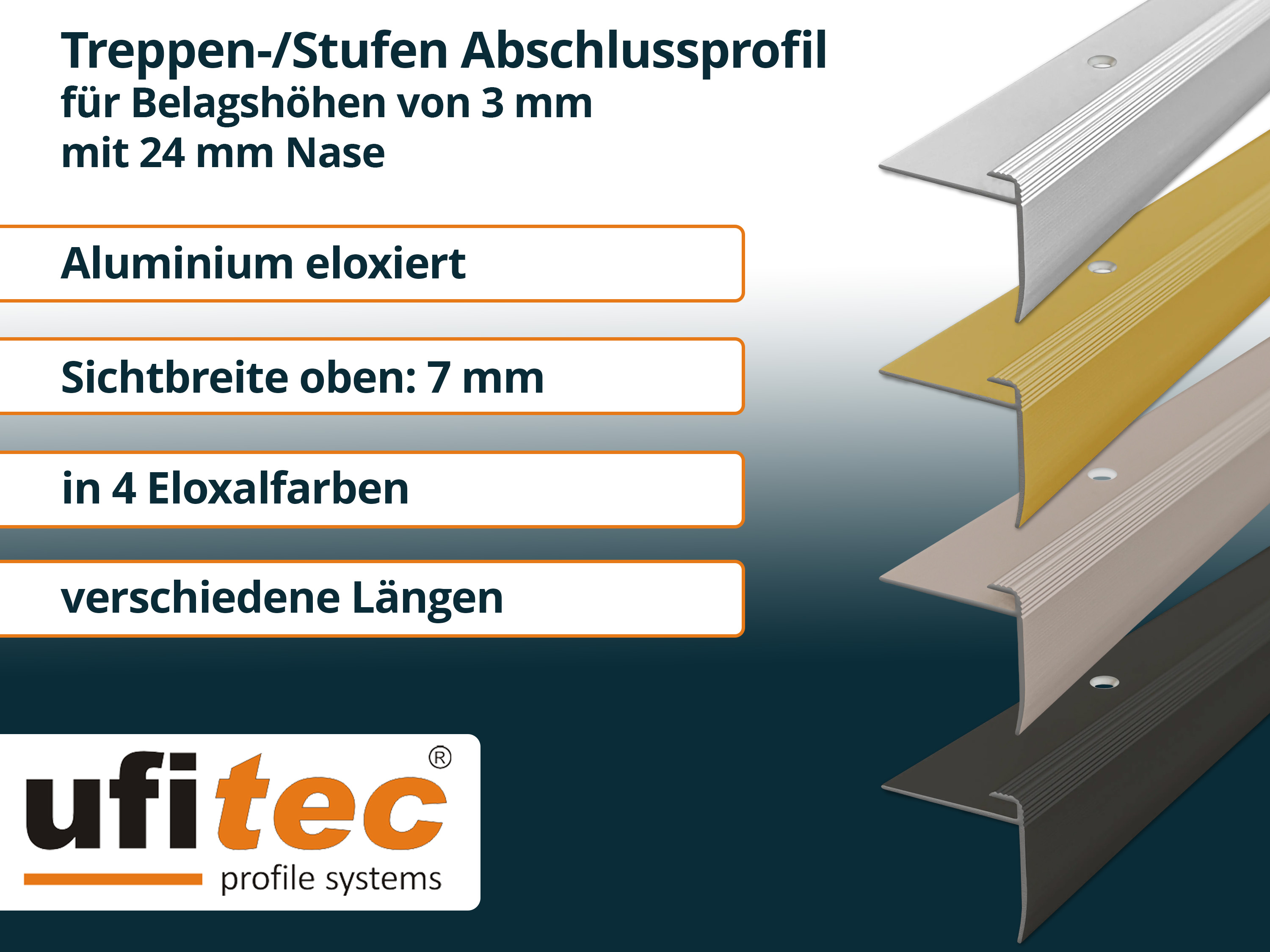 ufitec® Einschubprofil für Belagshöhen bis 3 mm mit 24 mm Nase Treppen-/Stufen Abschlussprofil