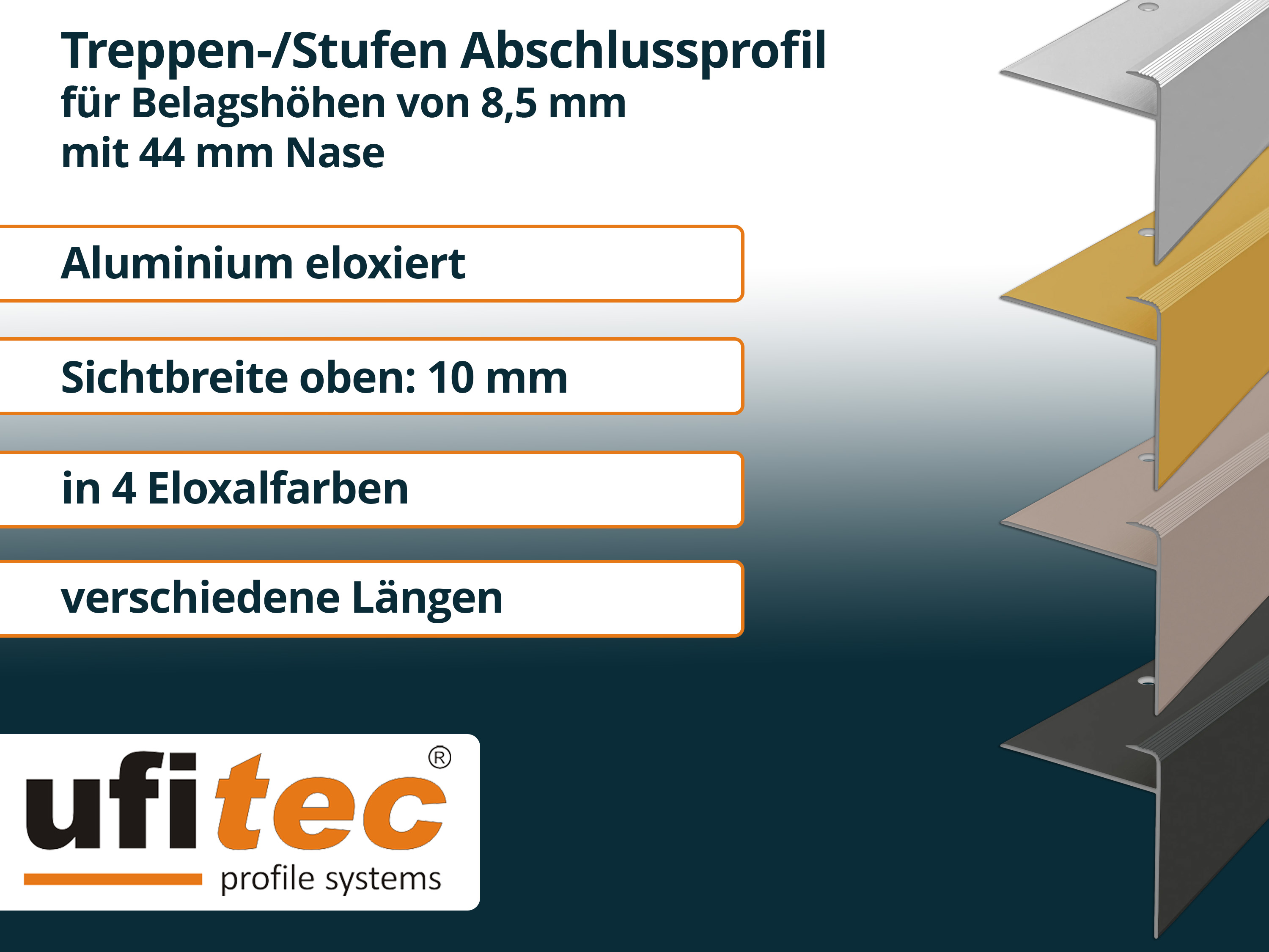 ufitec® Einschubprofil für Belagshöhe bis 8,5 mm | 44 mm Nase Treppen-/Stufen Abschlussprofil