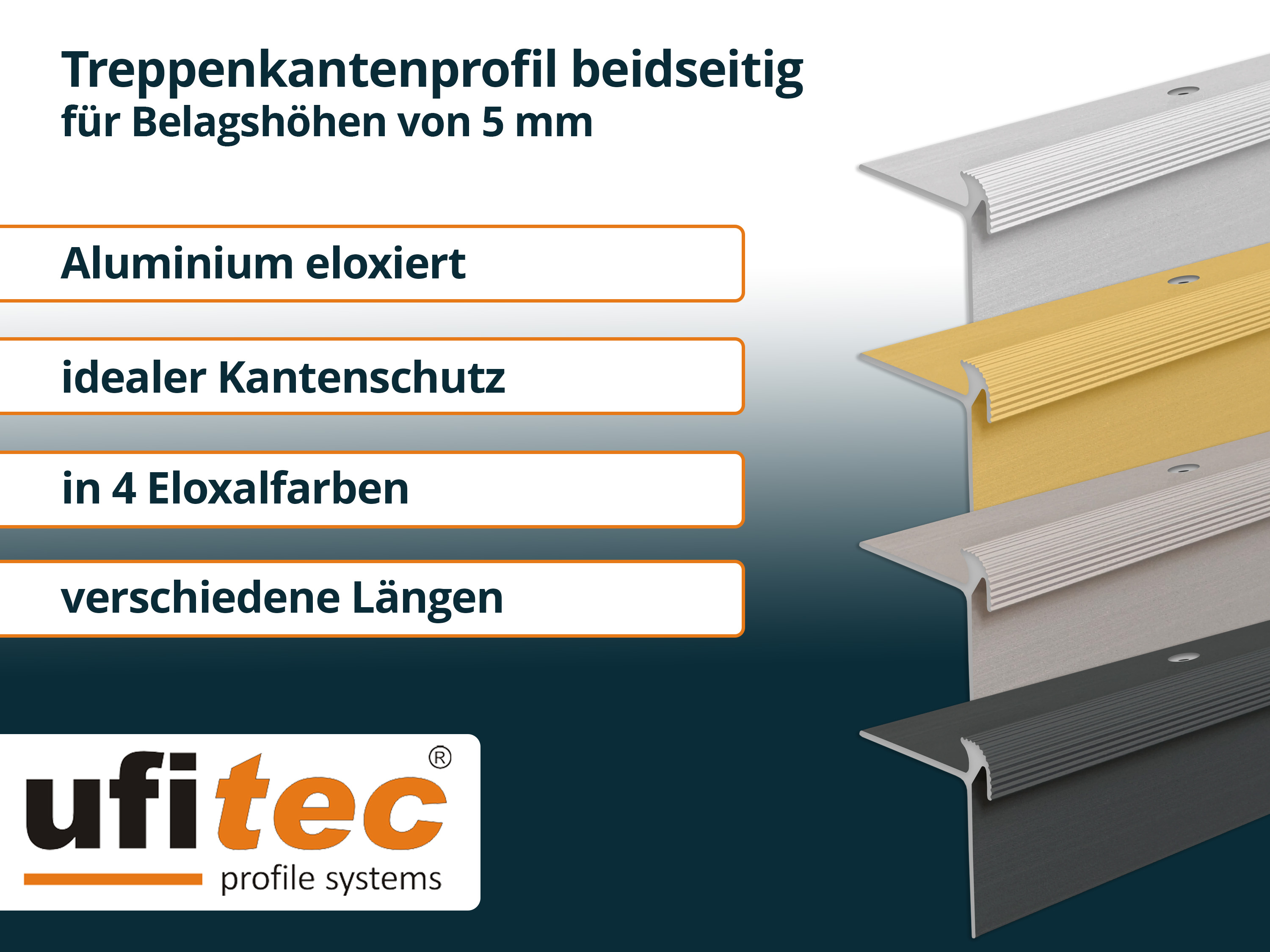 ufitec® Treppenkantenprofil beidseitig für Vinylböden für Belagshöhen von 5 mm - Alu eloxiert