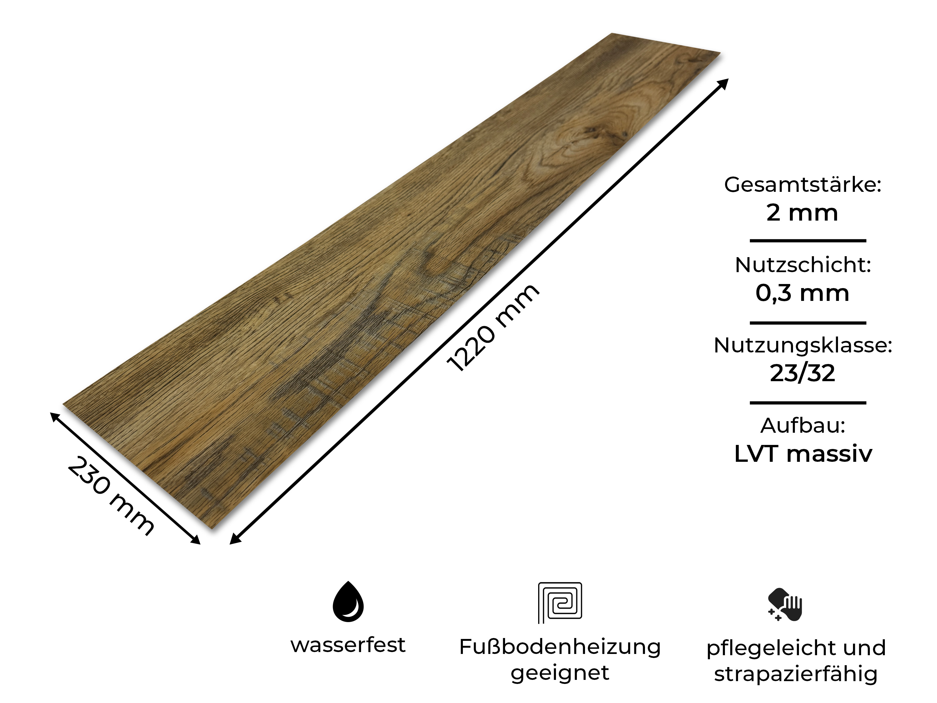 TRECOR® LVT Dryback Klebe-Vinylboden Eiche Rustikal Hell Landhausdiele – wasserfest, 2 mm stark, 0,3 mm Nutzschicht