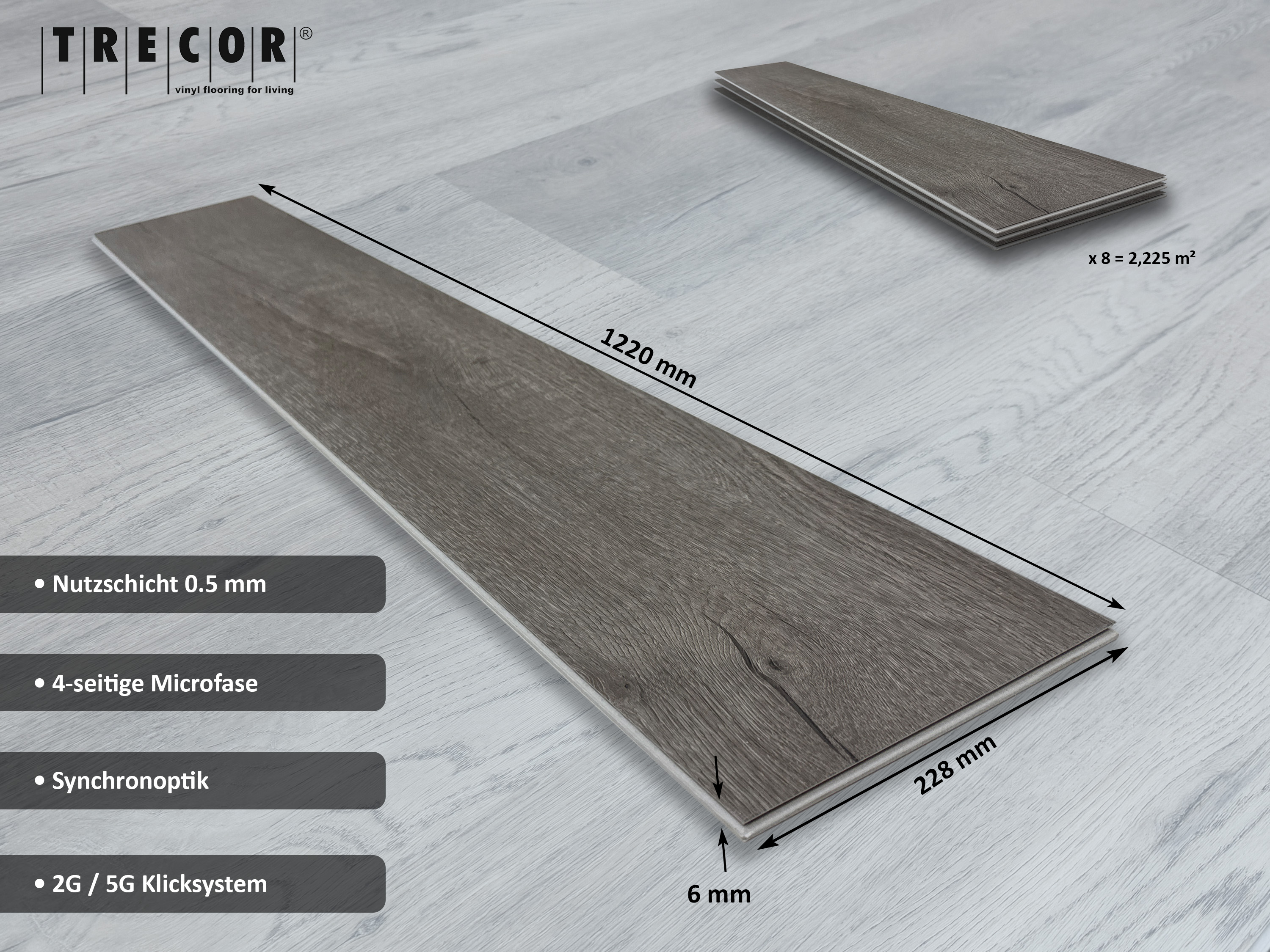 TRECOR® SPC / RIGID Klick Vinylboden Prestige Eiche Grau Landhausdiele - 5 mm - mit Synchronoberfläche