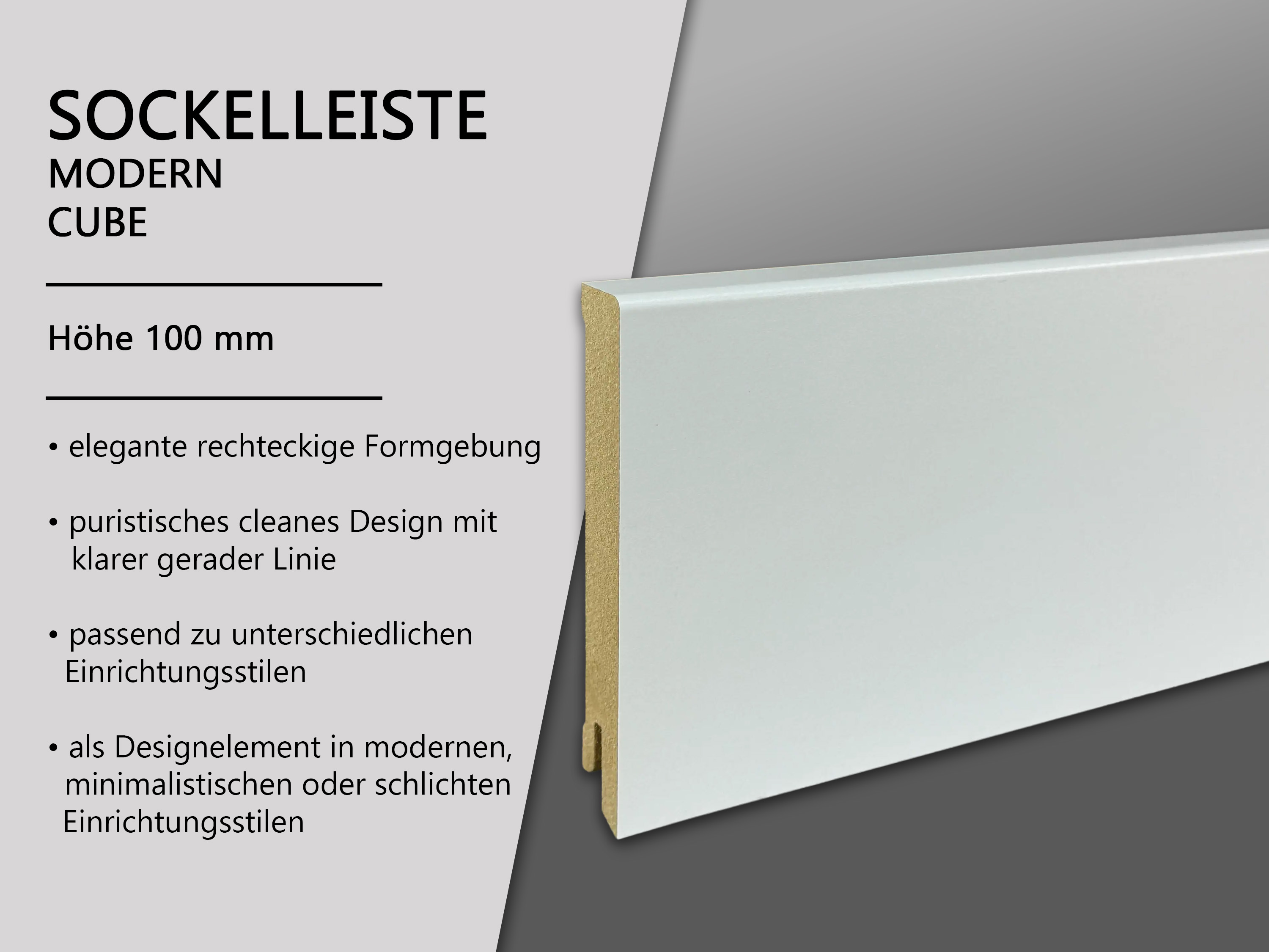 TRECOR® CUBE Sockelleiste, Fußleiste 16 x 100 mm in Weiß RAL 9016 - CLIPSTAR Fräsung