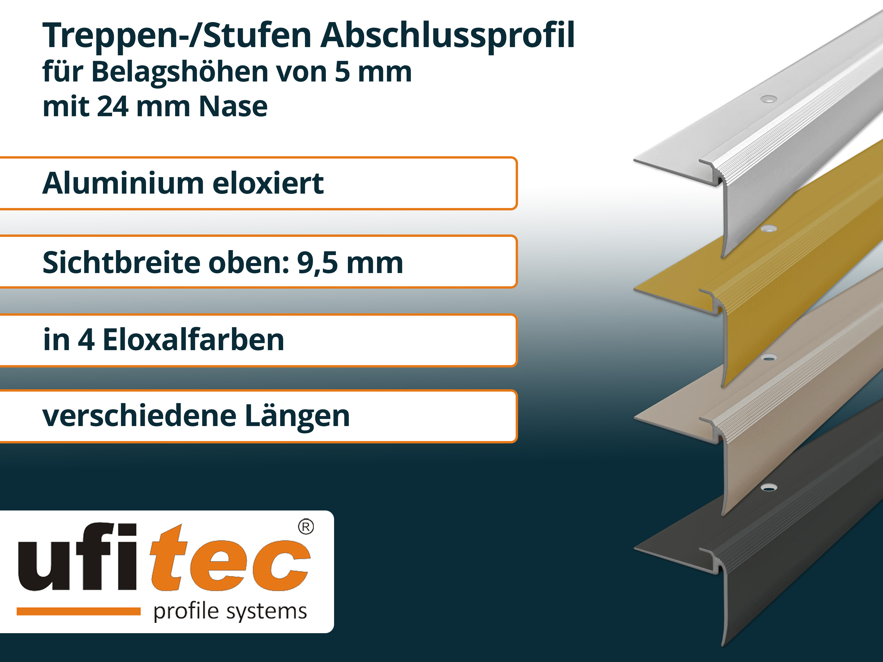 ufitec® Einschubprofil für Belagshöhen bis 5 mm | 24 mm Nase Treppen-/Stufen Abschlussprofil