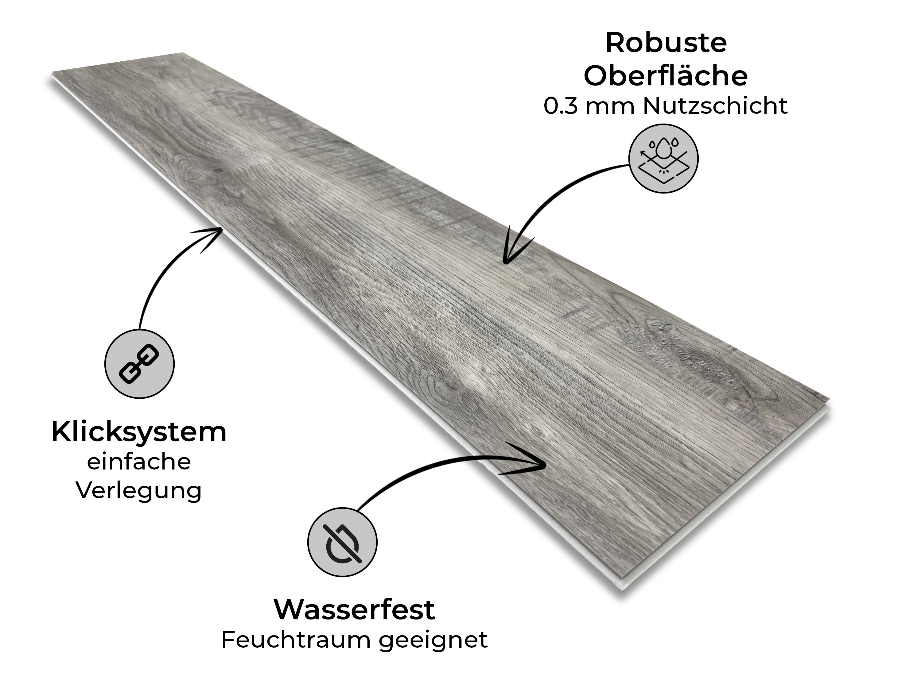 TRECOR® SPC Rigid Klick-Vinylboden Eiche Rustikal Grau Landhausdiele – wasserfest, 5 mm stark, 0,3 mm Nutzschicht