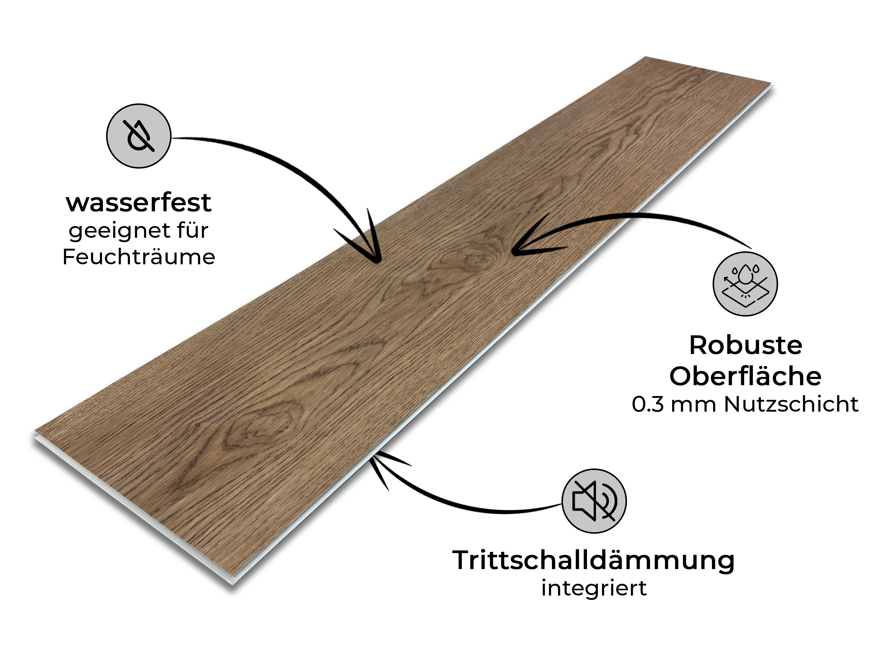 Vinylboden Eiche Natur Silent Klickvinyl 4.5 mm Stark inkl. 1 mm Trittschalldämmung und 0,3 mm Nutzschicht SPC Trägerplatte