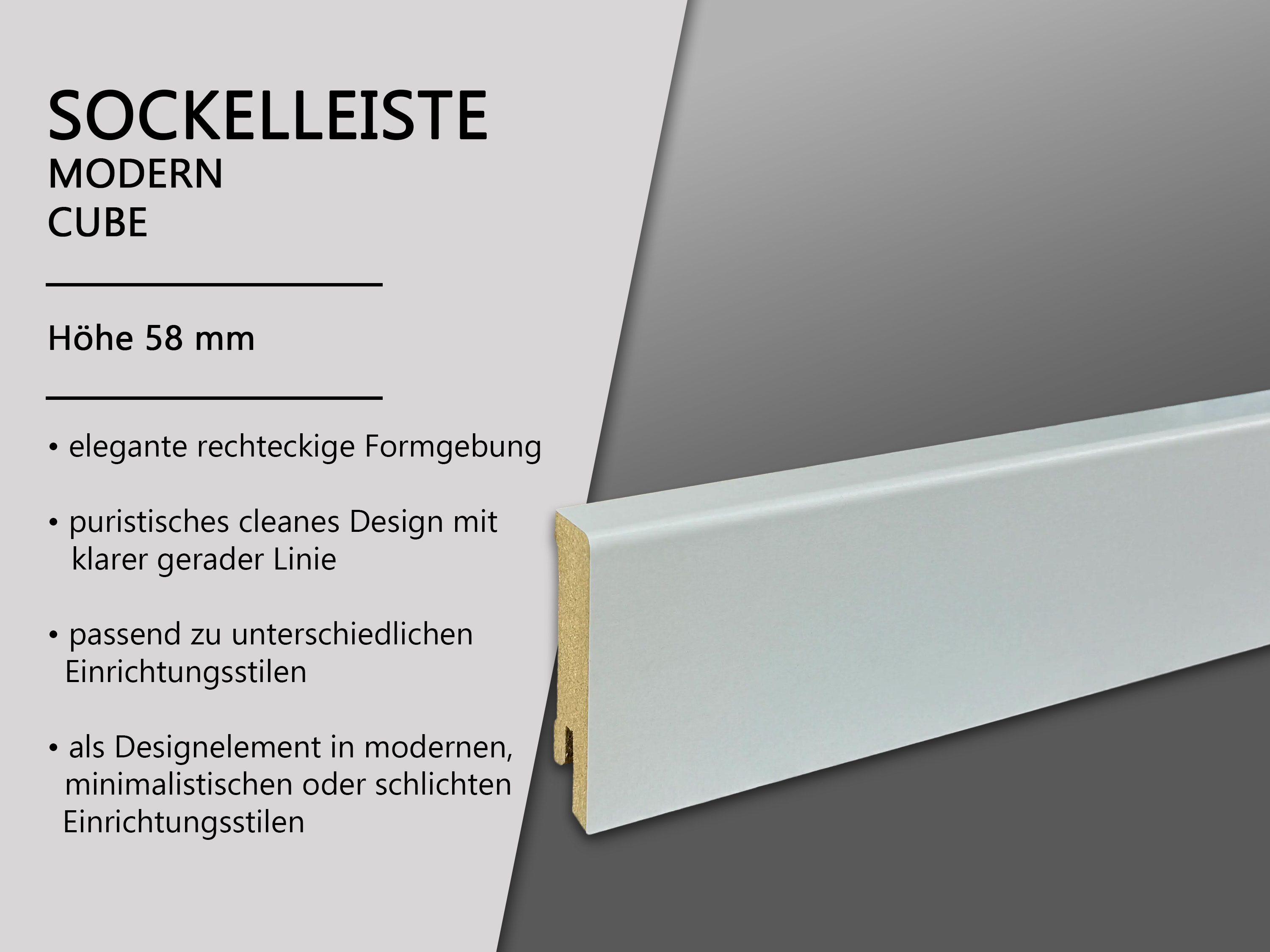 Sockelleiste Lichtgrau CUBE Fußleiste 16 x 58 mm in Lichtgrau RAL 7035 - CLIPSTAR Fräsung