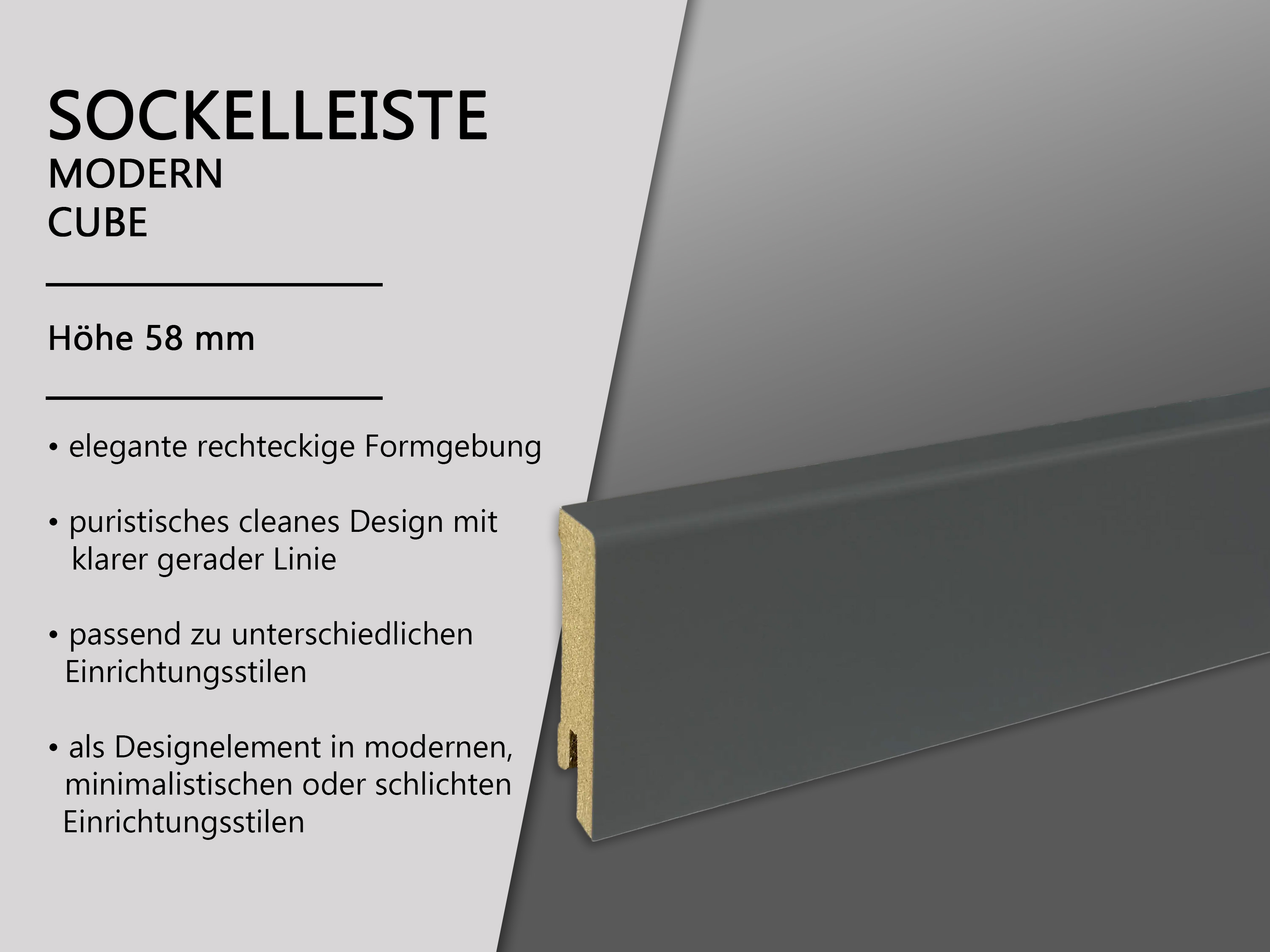Sockelleiste Anthrazitgrau CUBE Fußleiste 16 x 58 mm in RAL 7016 - CLIPSTAR Fräsung