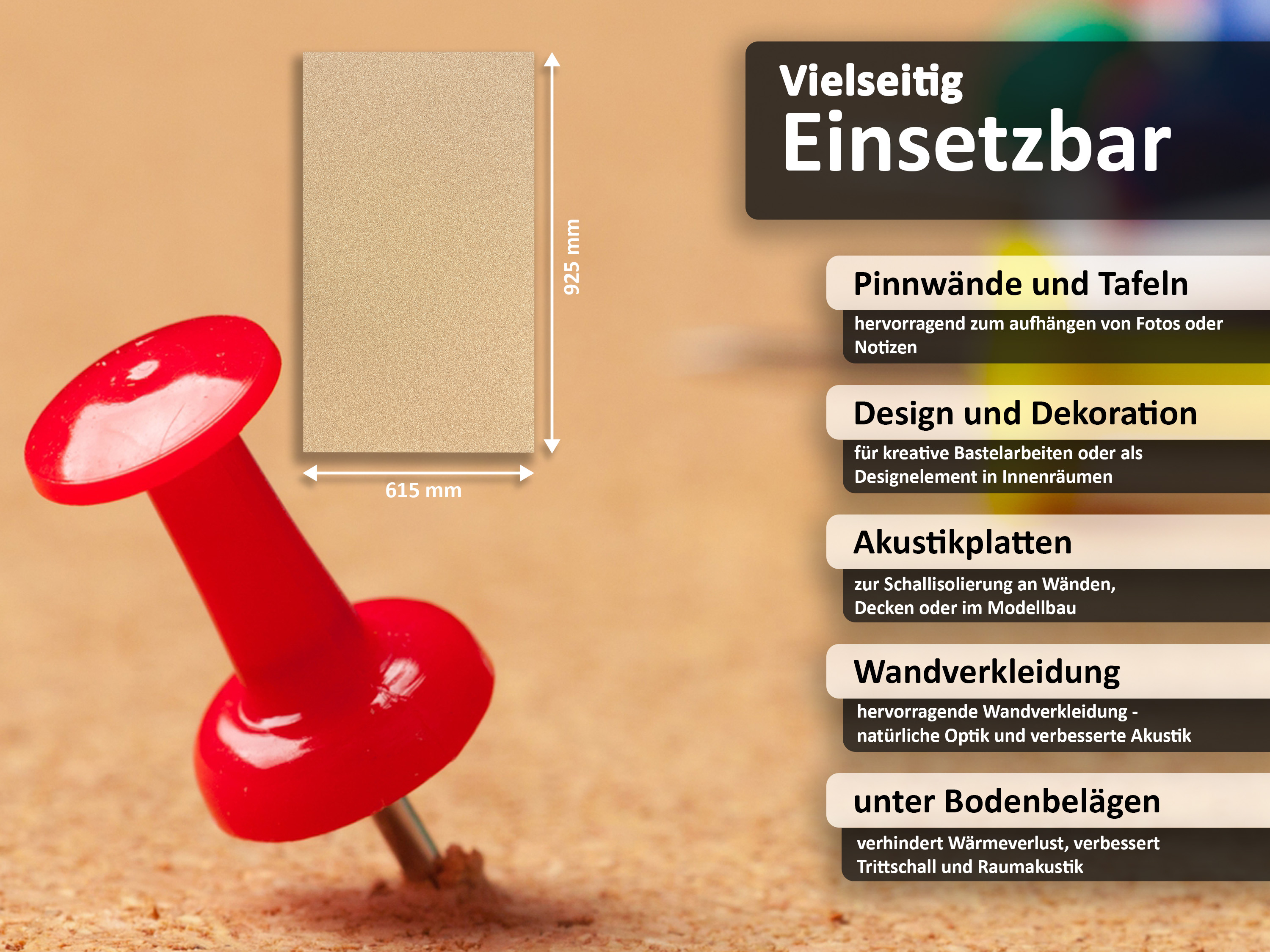 Trecor® Pinnwand Korkplatte Wandkork (einseitig geschliffen) im XXL Format 925 x 615 mm