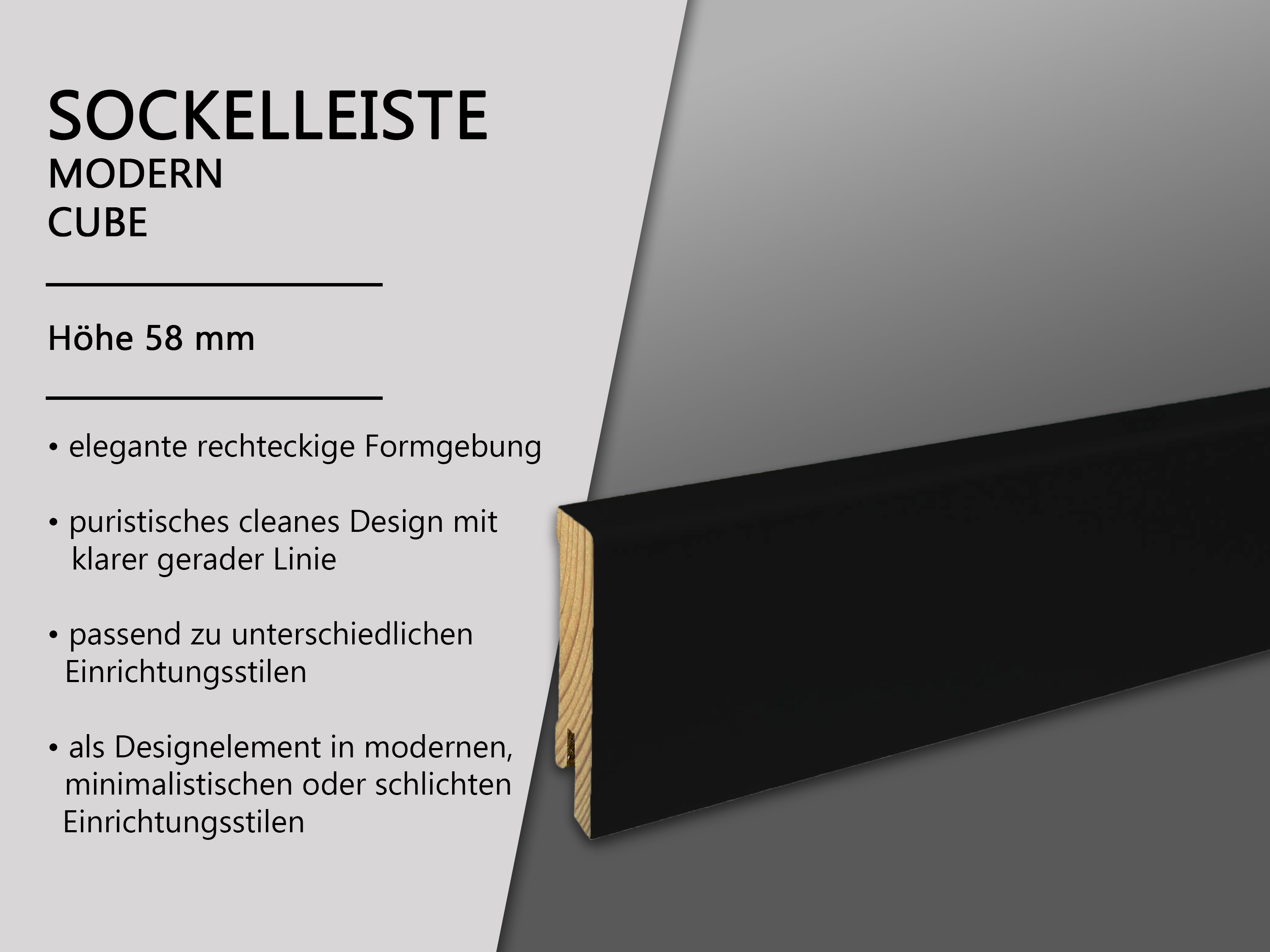 TRECOR® schwarze Holz Sockelleiste 16 x 58 mm in RAL 9016 - CLIPSTAR Fräsung
