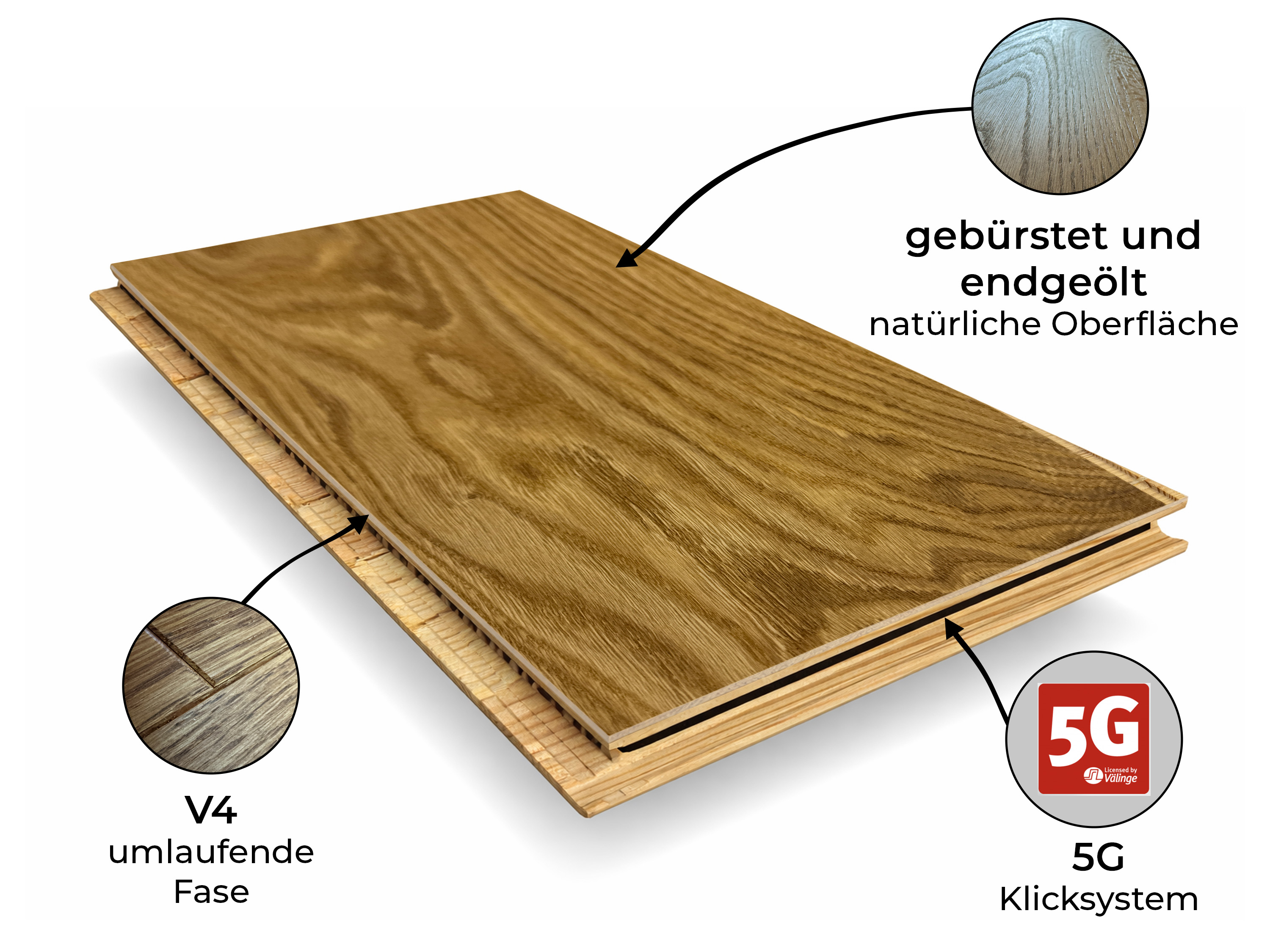 Parkettboden Eiche Premium Klick Parkett Landhausdiele 3 Schicht 240 mm Breit Rubio R101, gebürstet, gefast & endgeölt