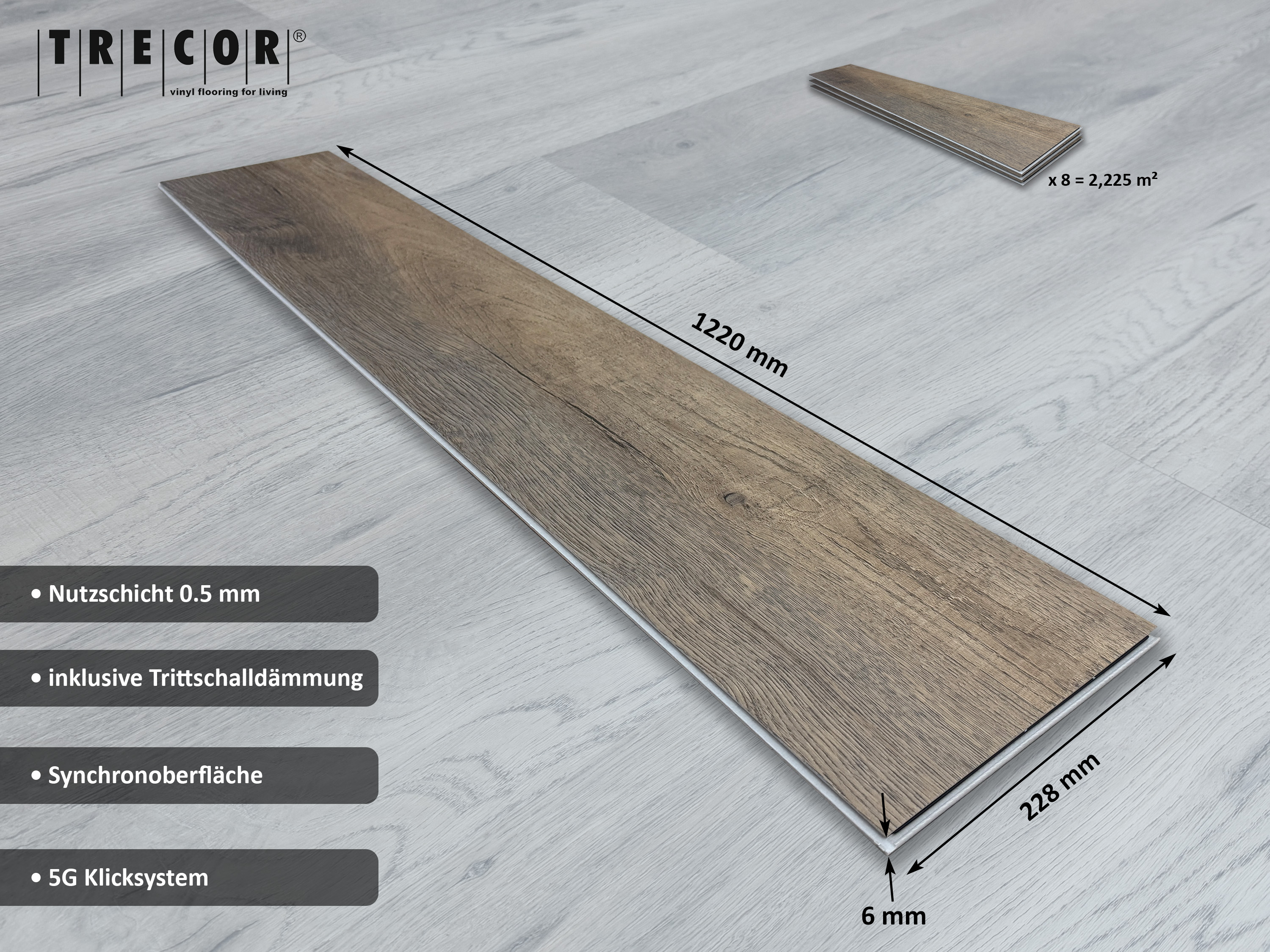 Vinylboden Rigid SPC Cottage Eiche Natur 5G Klicksystem 6,5 mm, V4 Fuge, inkl. 1 mm Trittschalldämmung