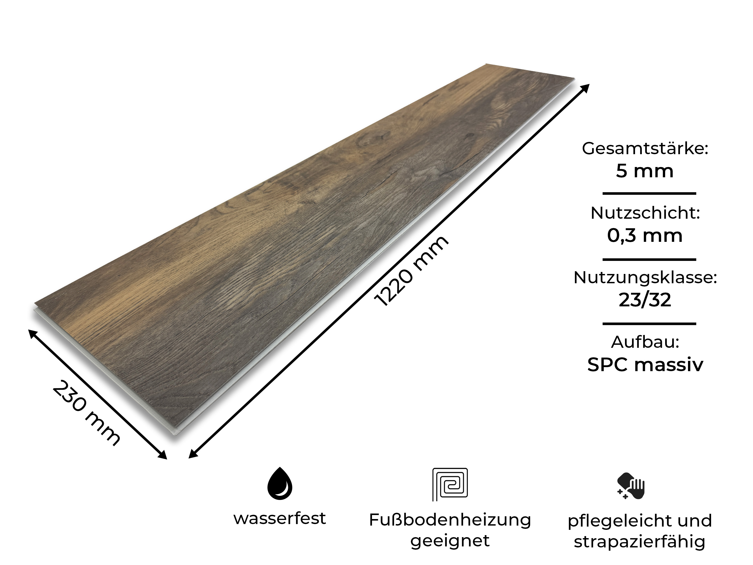 TRECOR® SPC Rigid Klick-Vinylboden Eiche Rustikal Braun Landhausdiele – wasserfest, 5 mm stark, 0,3 mm Nutzschicht