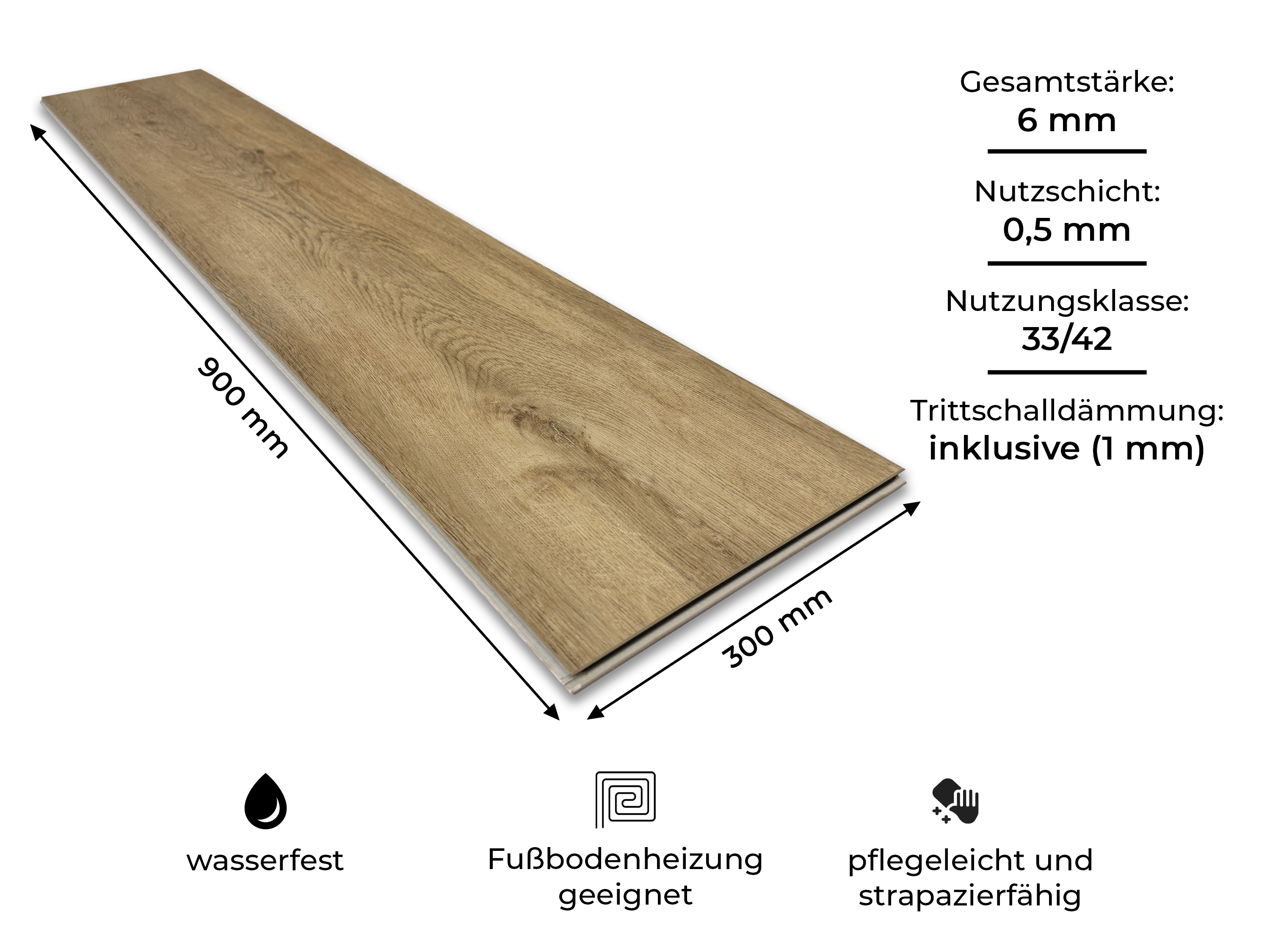 Vinylboden Rigid SPC Eiche Rustique Hell 5G Klicksystem 6,0 mm, V4 Fuge, inkl. 1 mm Trittschalldämmung