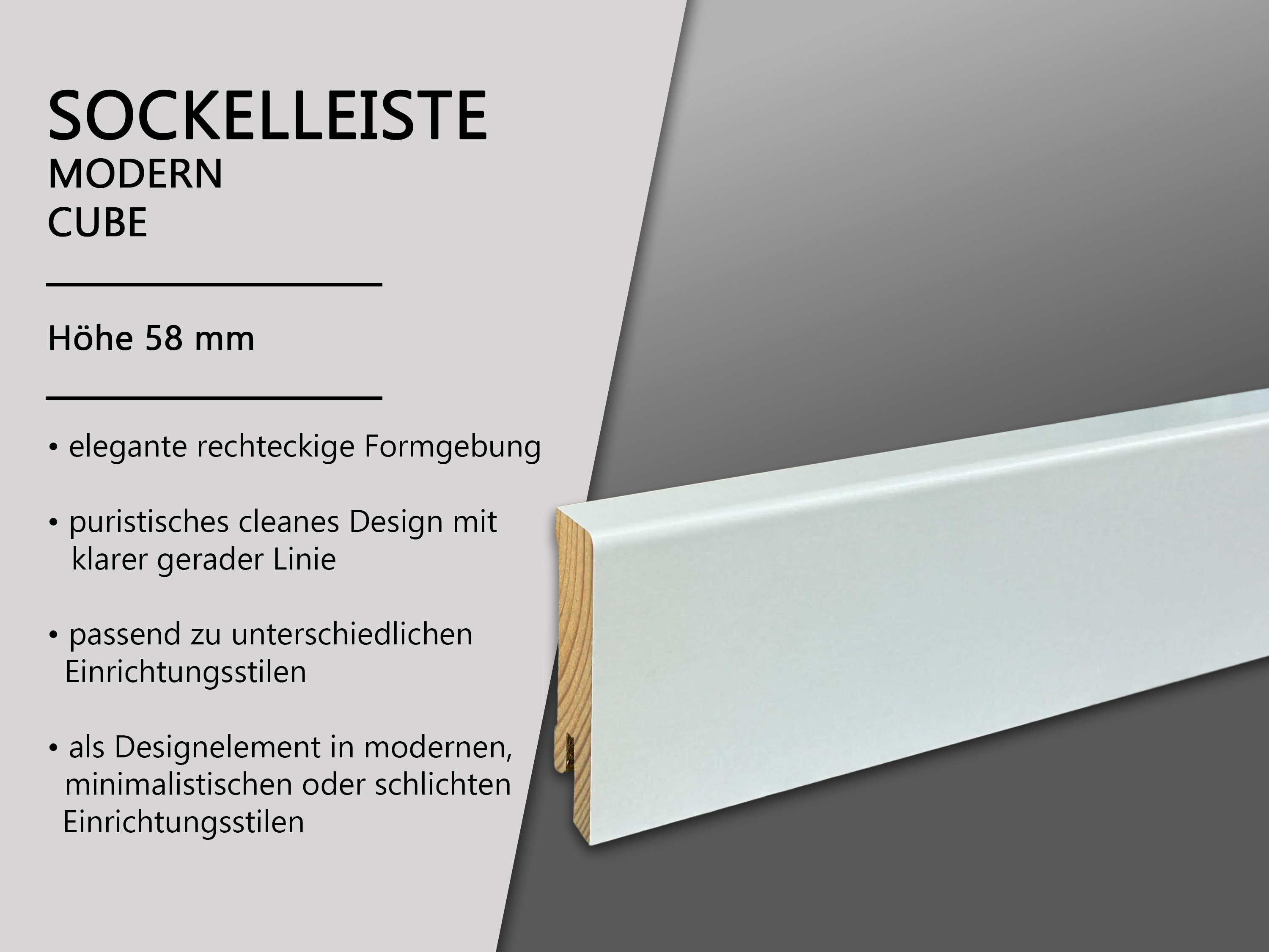 TRECOR® weisse Holz Sockelleiste 16 x 58 mm in RAL 9016 - CLIPSTAR Fräsung