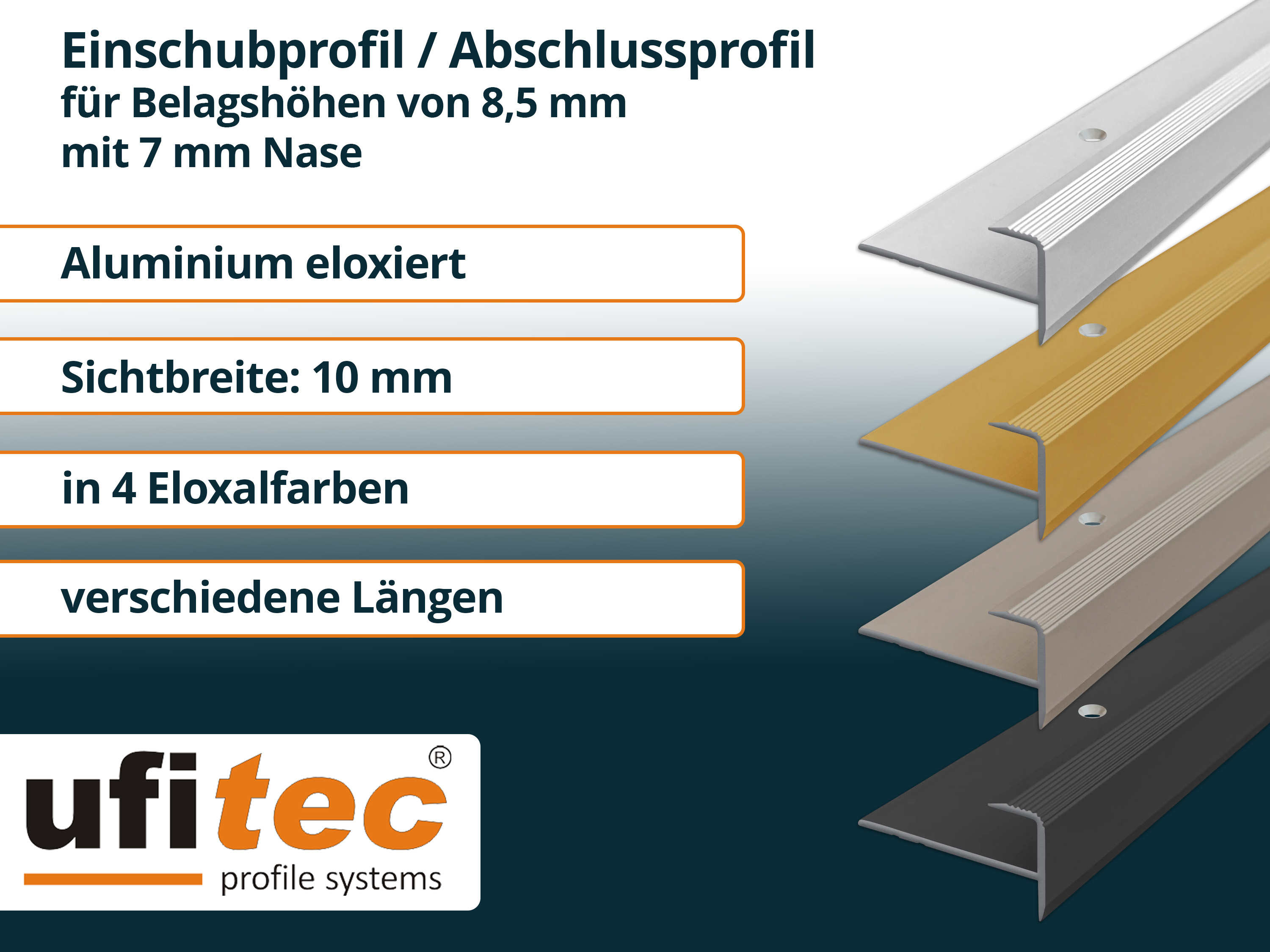 ufitec® Einschubprofil für Belagshöhen bis 8,5 mm | 7 mm Nase Treppen-/Stufen Abschlussprofil