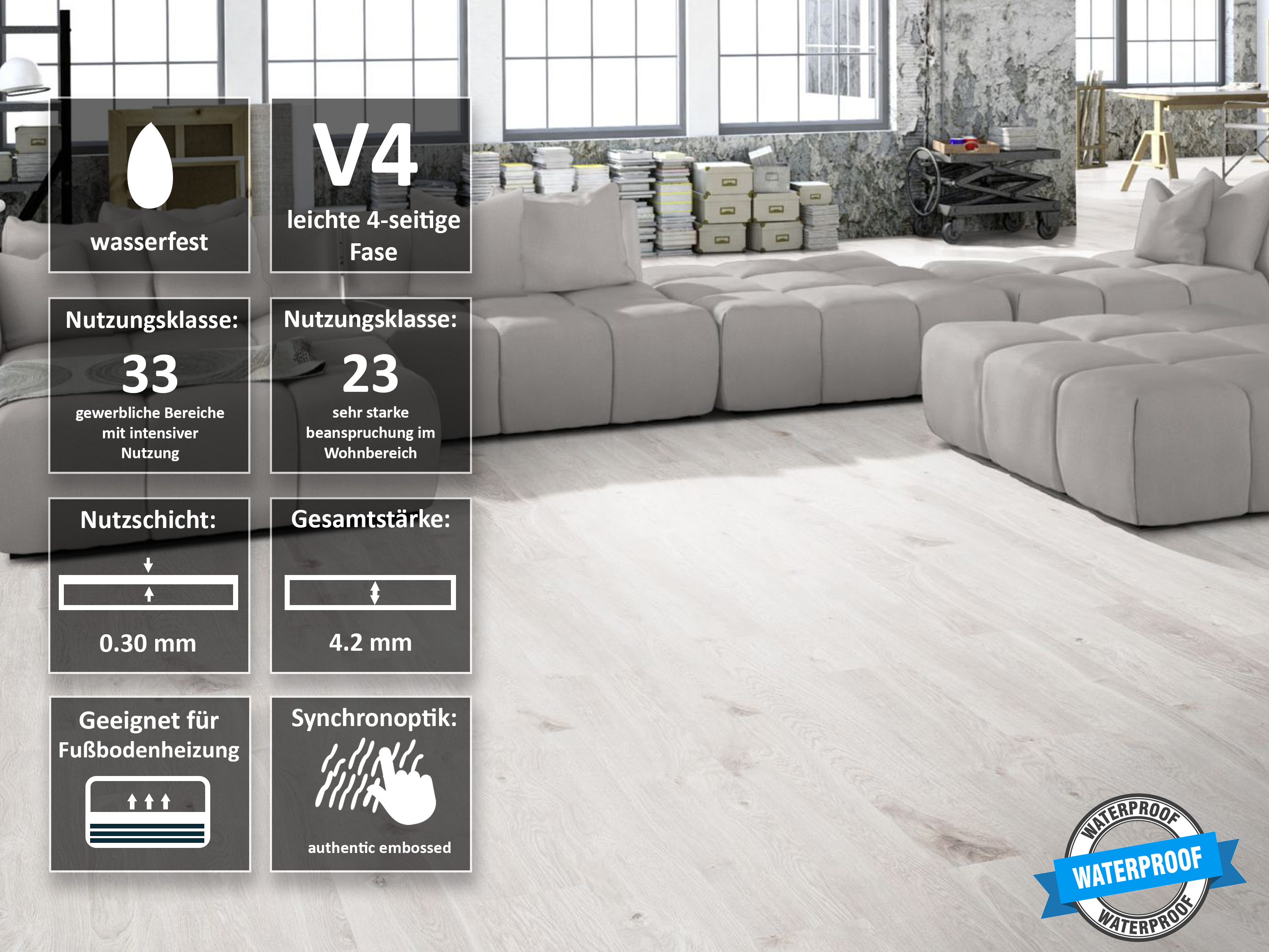 TRECOR® SPC / RIGID Klick Vinylboden Eiche Rustique Weiß Landhausdiele - 5 mm - Synchronoberfläche - 5G Klick