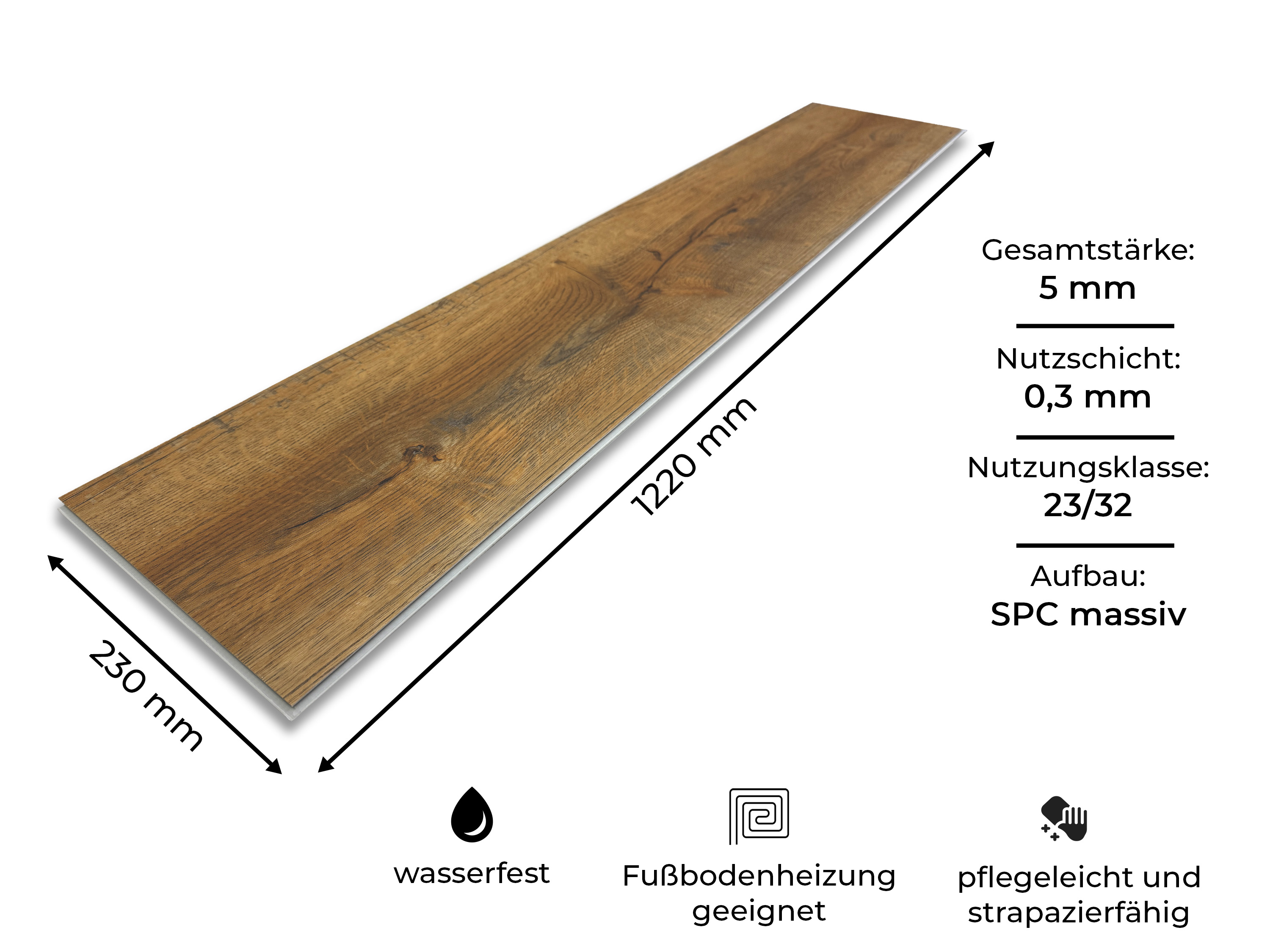 TRECOR® SPC Rigid Klick-Vinylboden Eiche Rustikal Natur Landhausdiele – wasserfest, 5 mm stark, 0,3 mm Nutzschicht