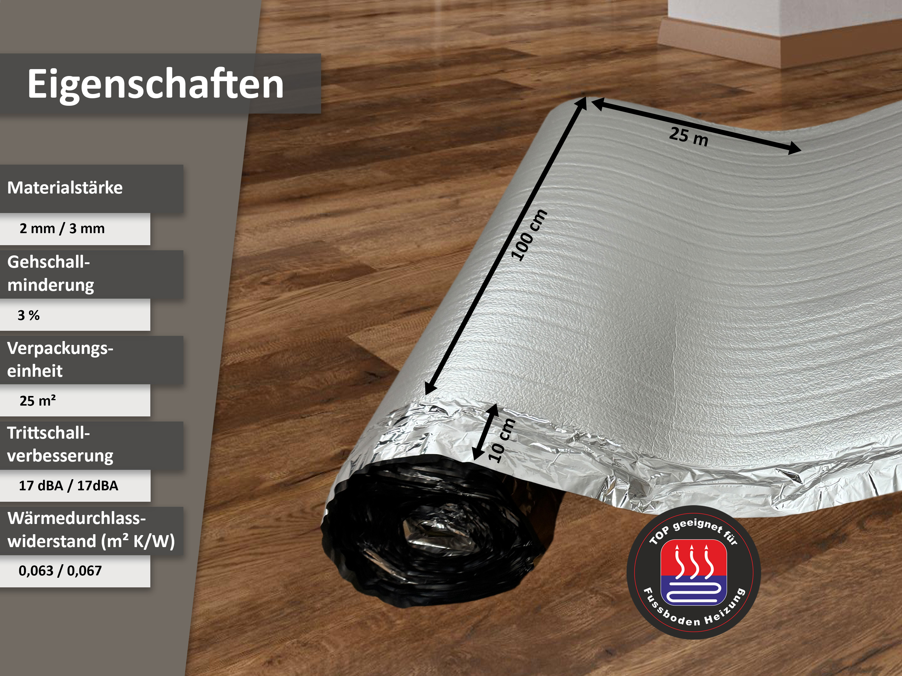 uficell® ALUPLUS PE-Schaum Laminat Verlegeunterlage Trittschalldämmung für Fußbodenheizung 