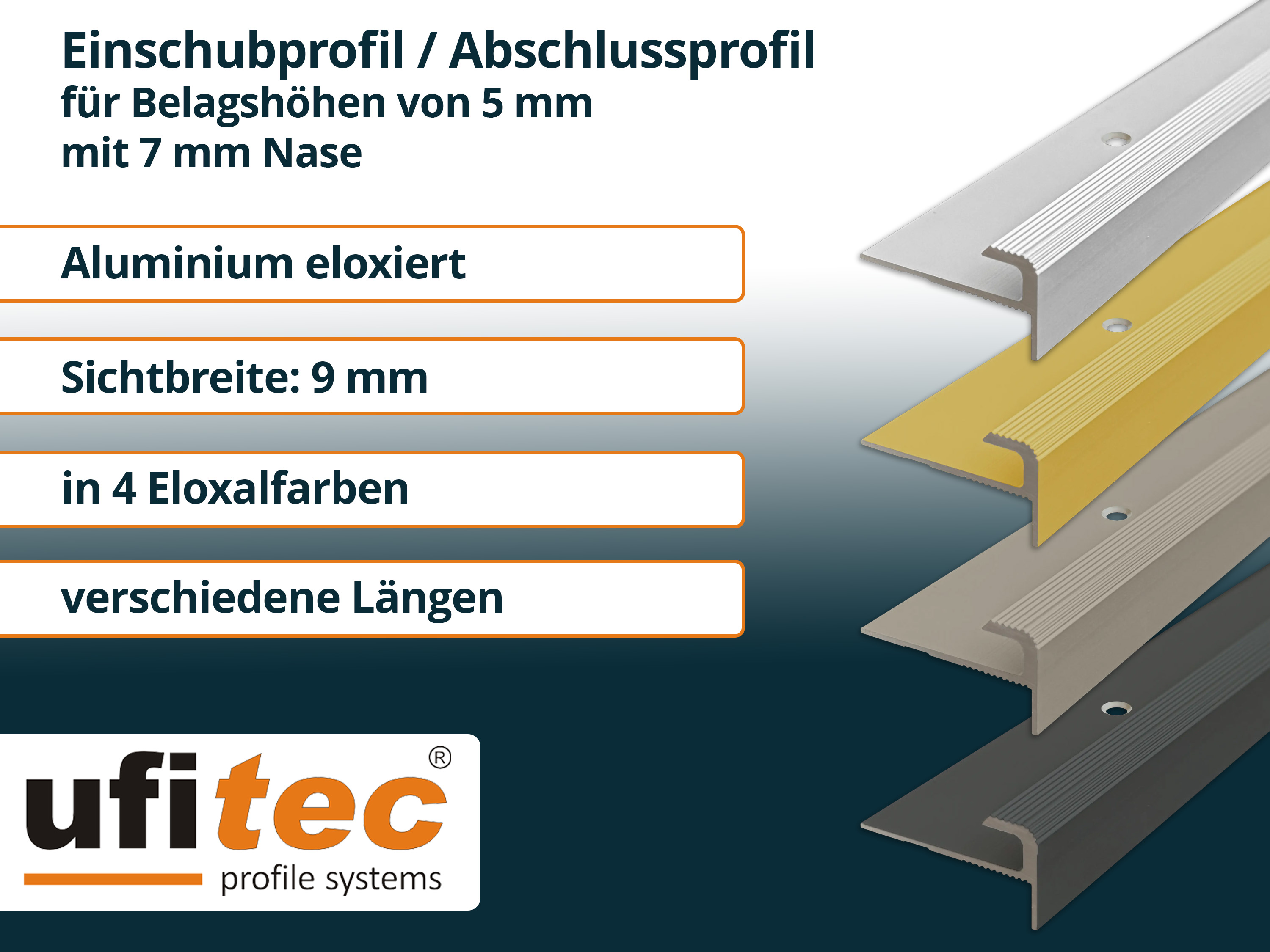 ufitec® Einschubprofil für Belagshöhen bis 5 mm | 7 mm Nase Treppen-/Stufen Abschlussprofil