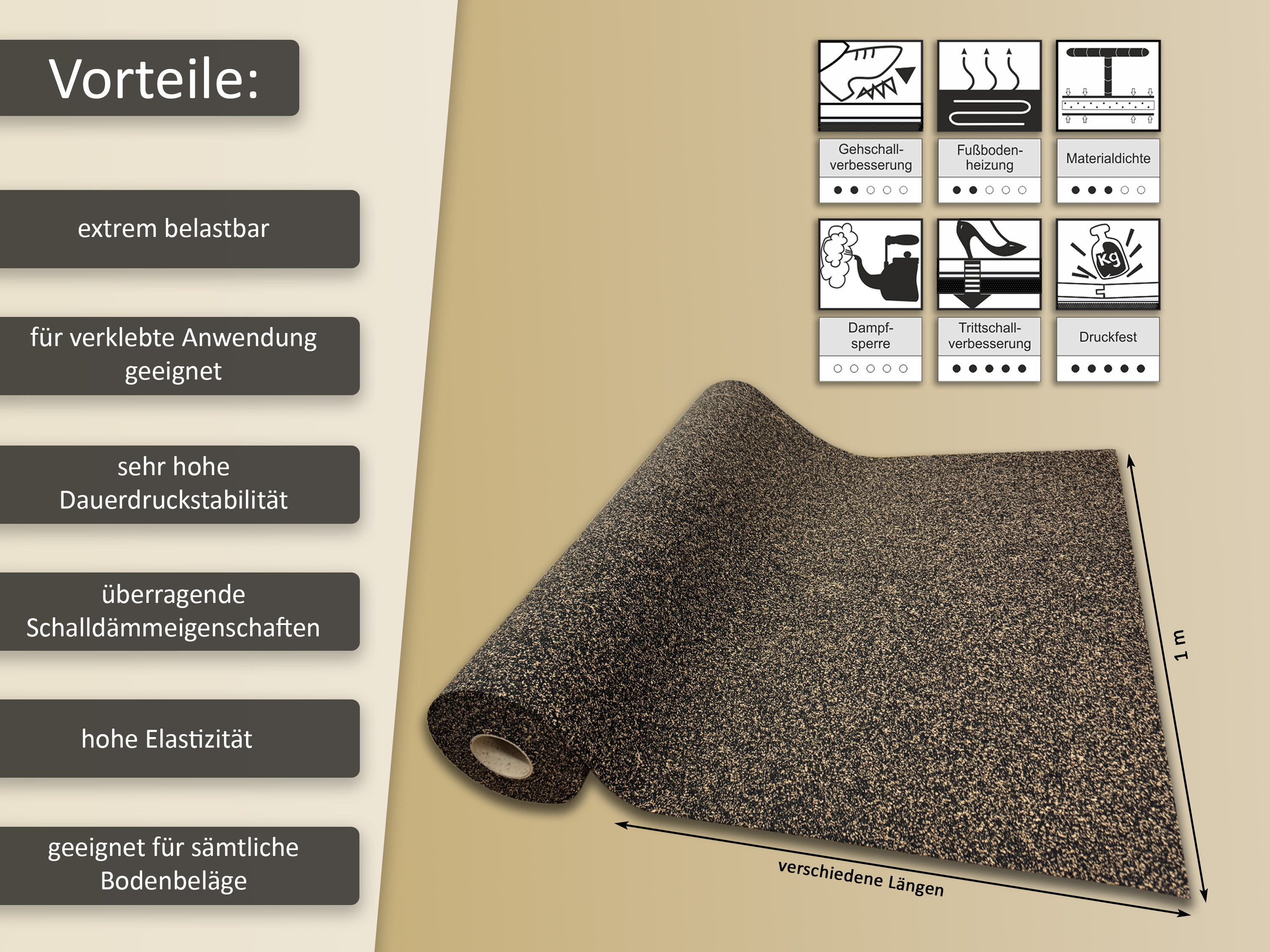 uficell® Gummikork (Rubberkork) Akustik und Vibrations Trittschalldämmung Stärken 2 - 8 mm 
