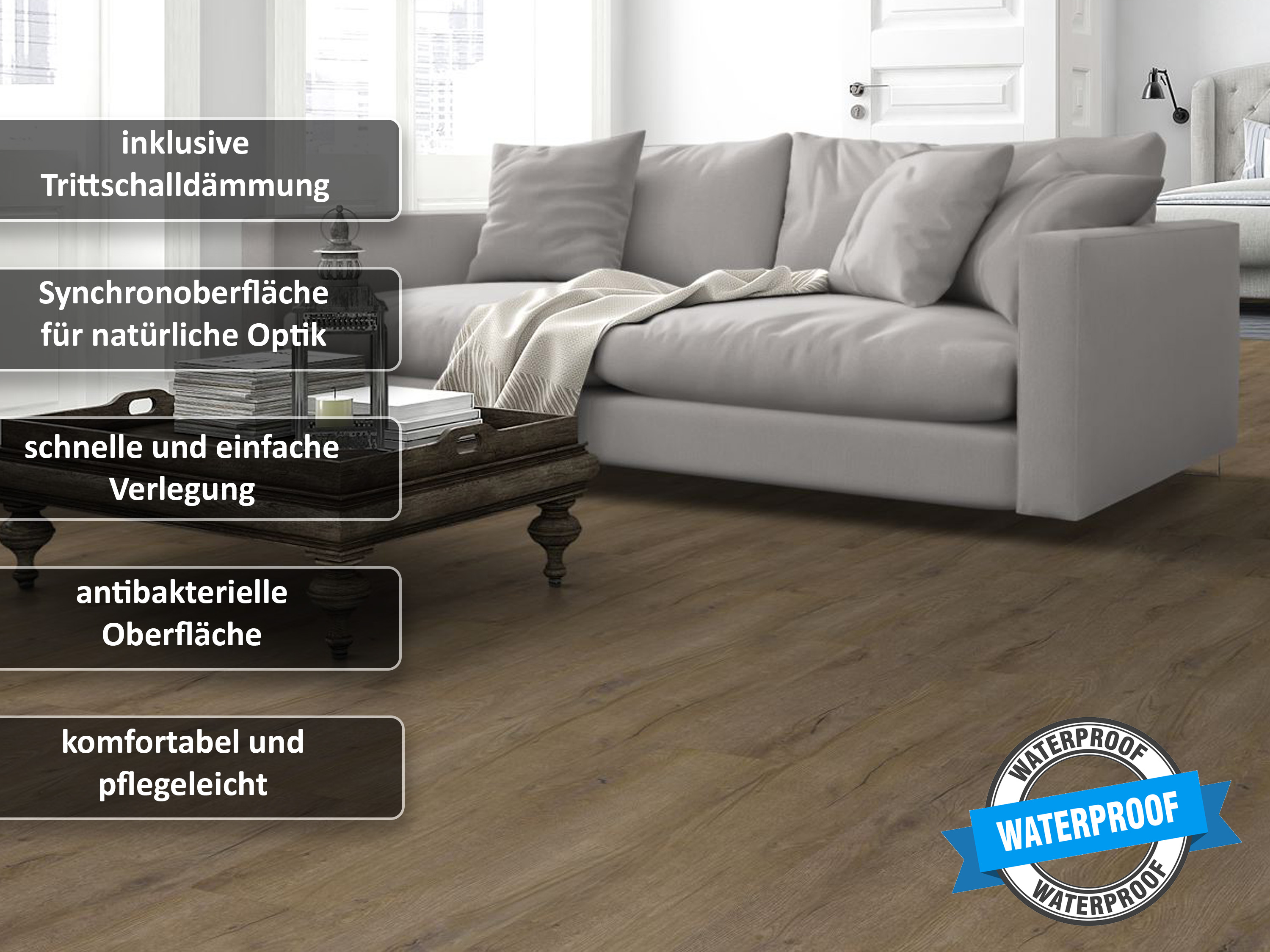 Vinylboden Rigid SPC Eiche Premium Natur Dunkel 5G Klicksystem 6,0 mm, V4 Fuge, inkl. 1 mm Trittschalldämmung