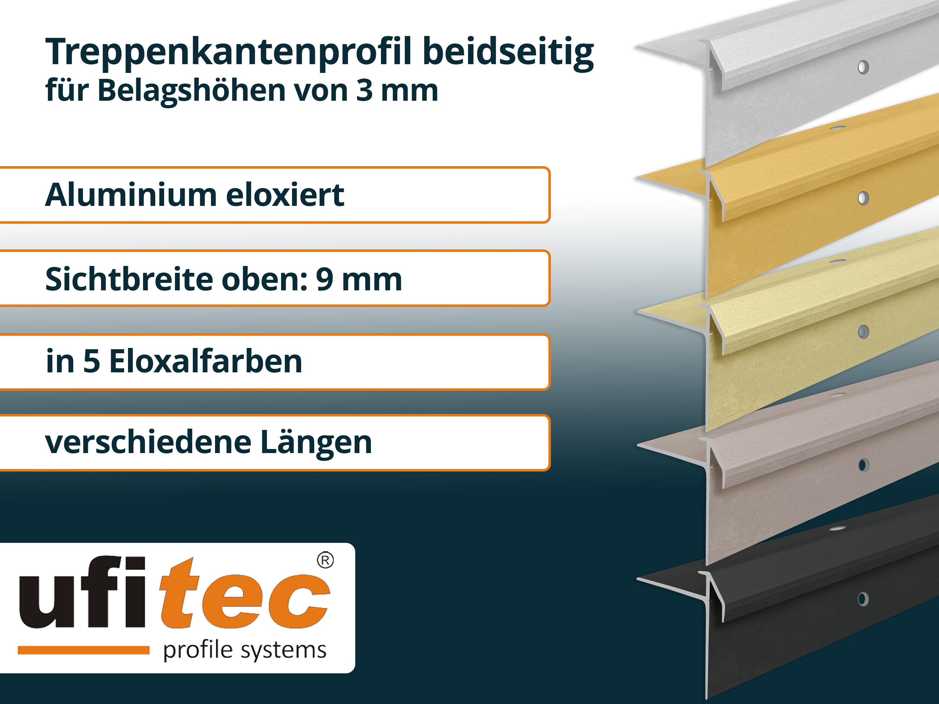 ufitec® Treppenkantenprofil beidseitig für Vinylböden für Belagshöhen von 3 mm - Alu eloxiert