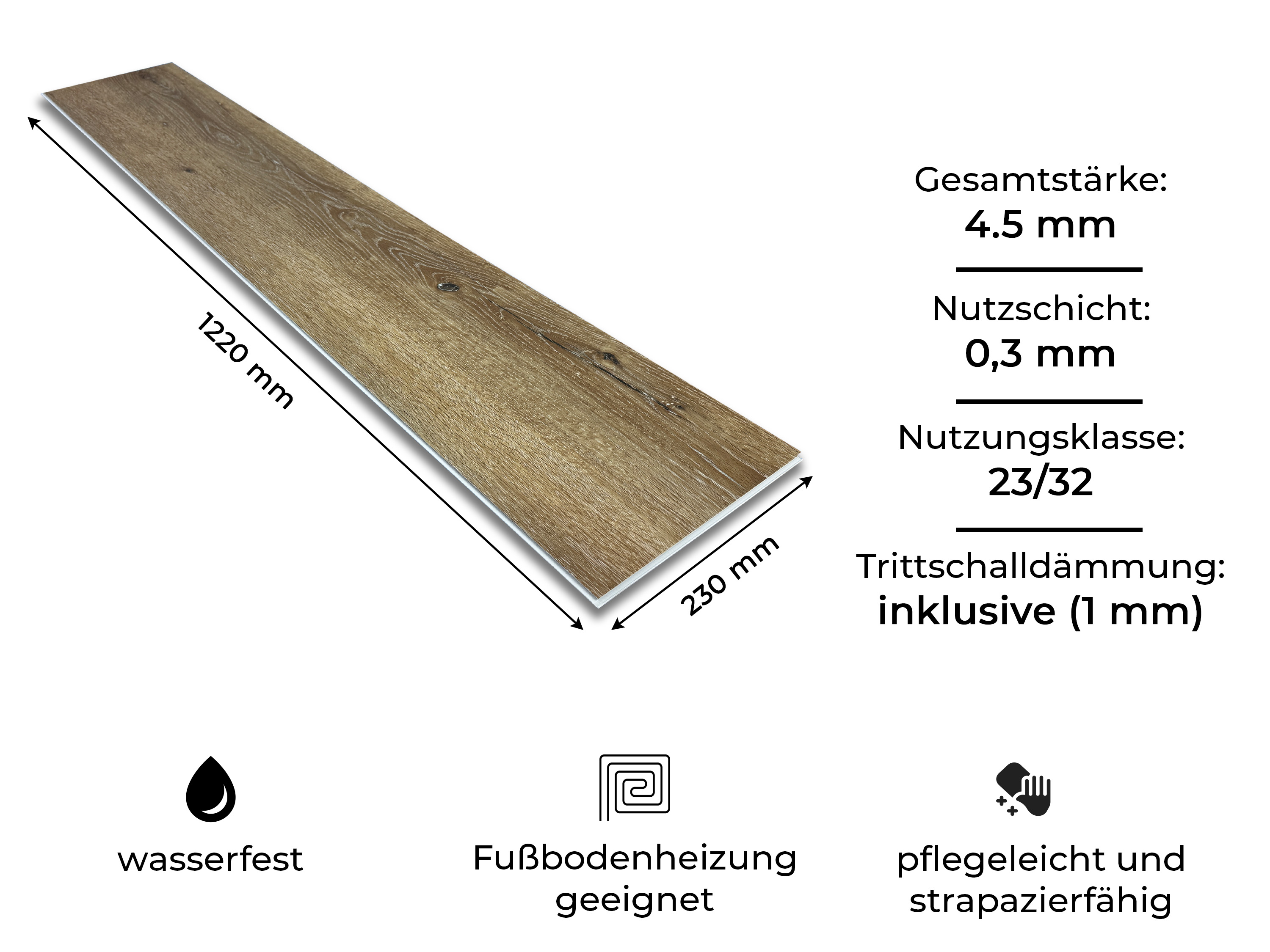 Vinylboden Eiche Rustique Hell Silent Klickvinyl 4.5 mm Stark inkl. 1 mm Trittschalldämmung und 0,3 mm Nutzschicht SPC Trägerplatte