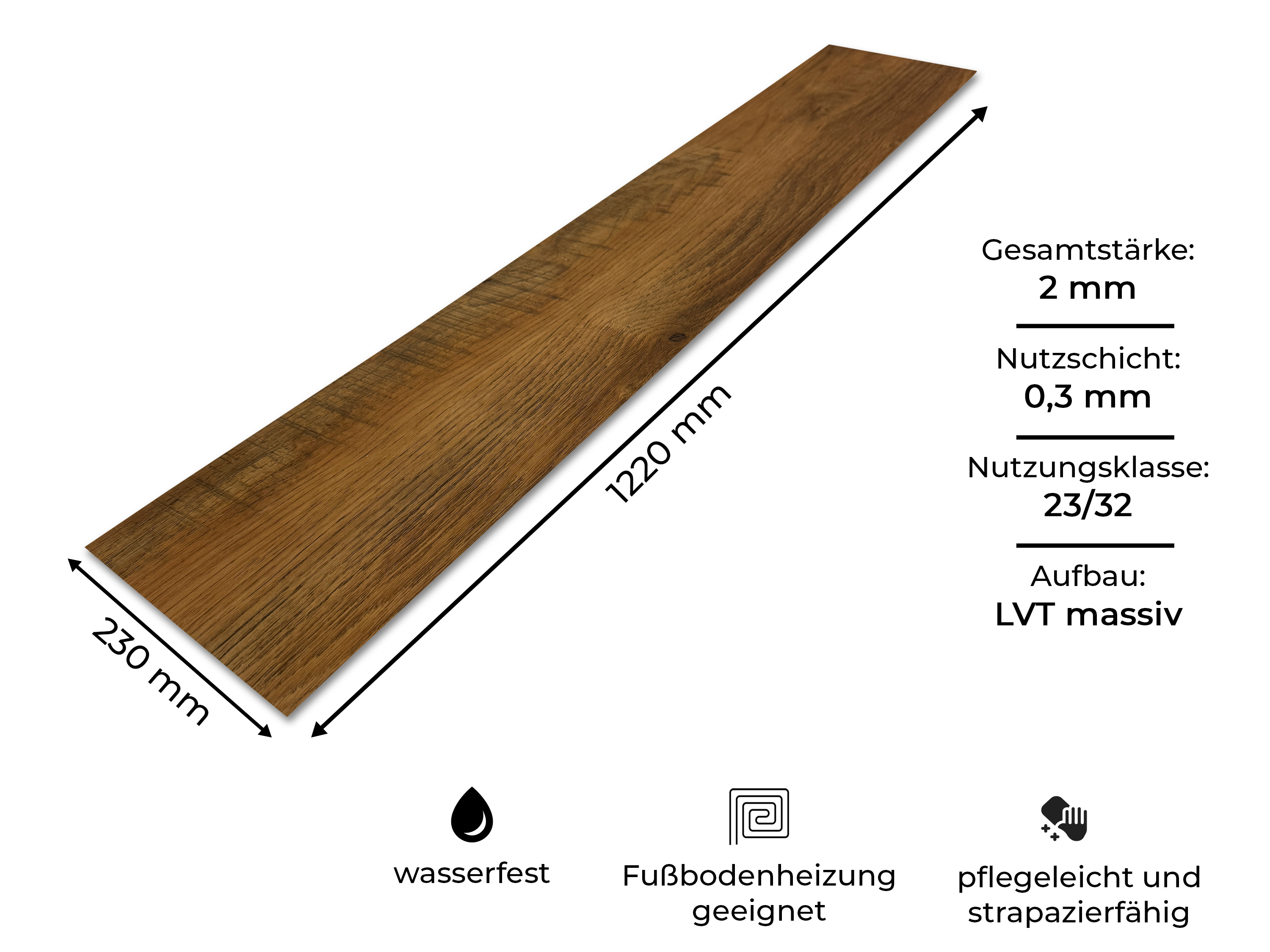TRECOR® LVT Dryback Klebe-Vinylboden Eiche Rustikal Dunkel Landhausdiele – wasserfest, 2 mm stark, 0,3 mm Nutzschicht