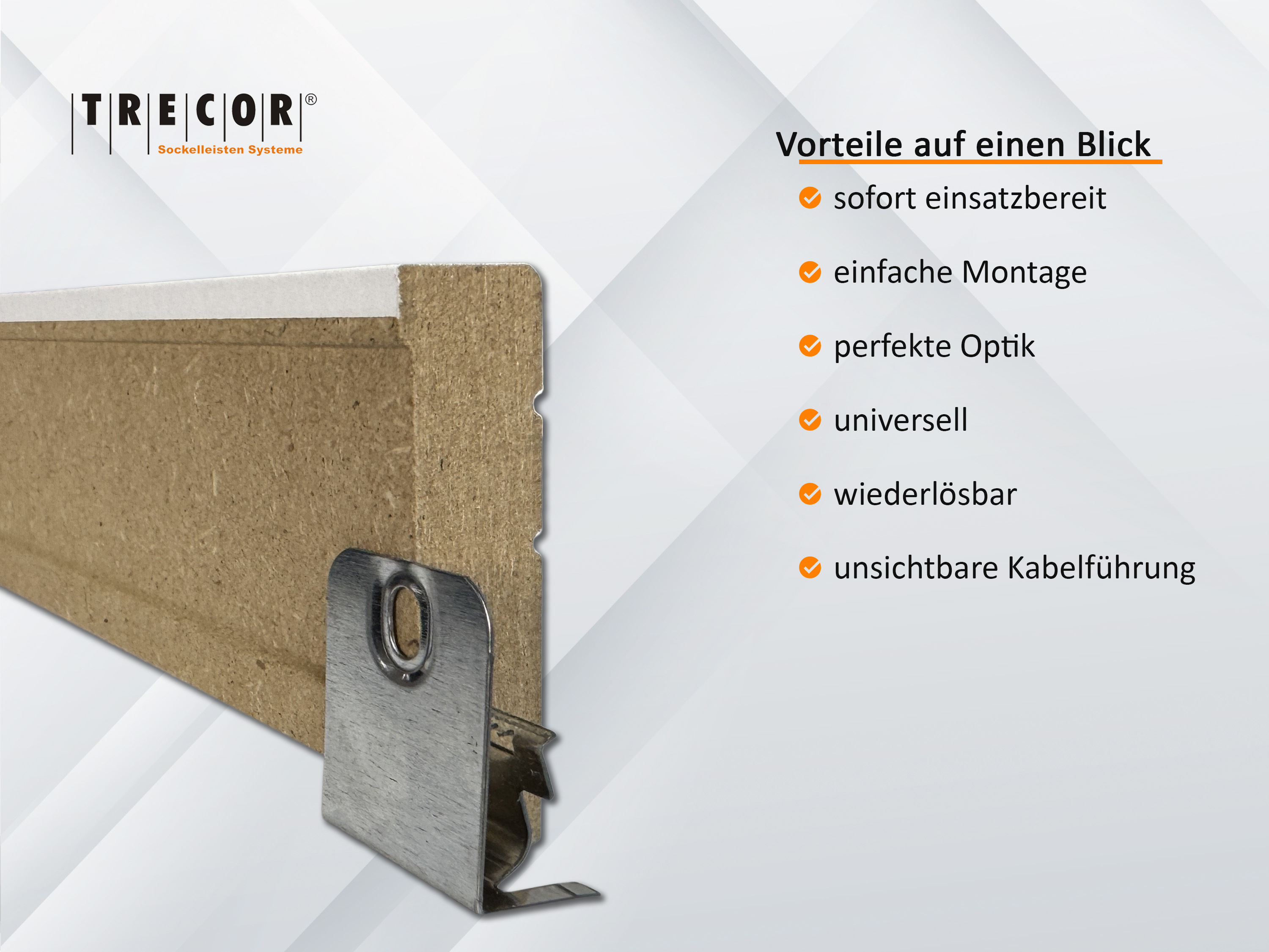 CLIPSTAR® Montageclip / Befestigungsclip für TRECOR® Sockelleisten mit Clipstar Fräsung, 50 er Pack