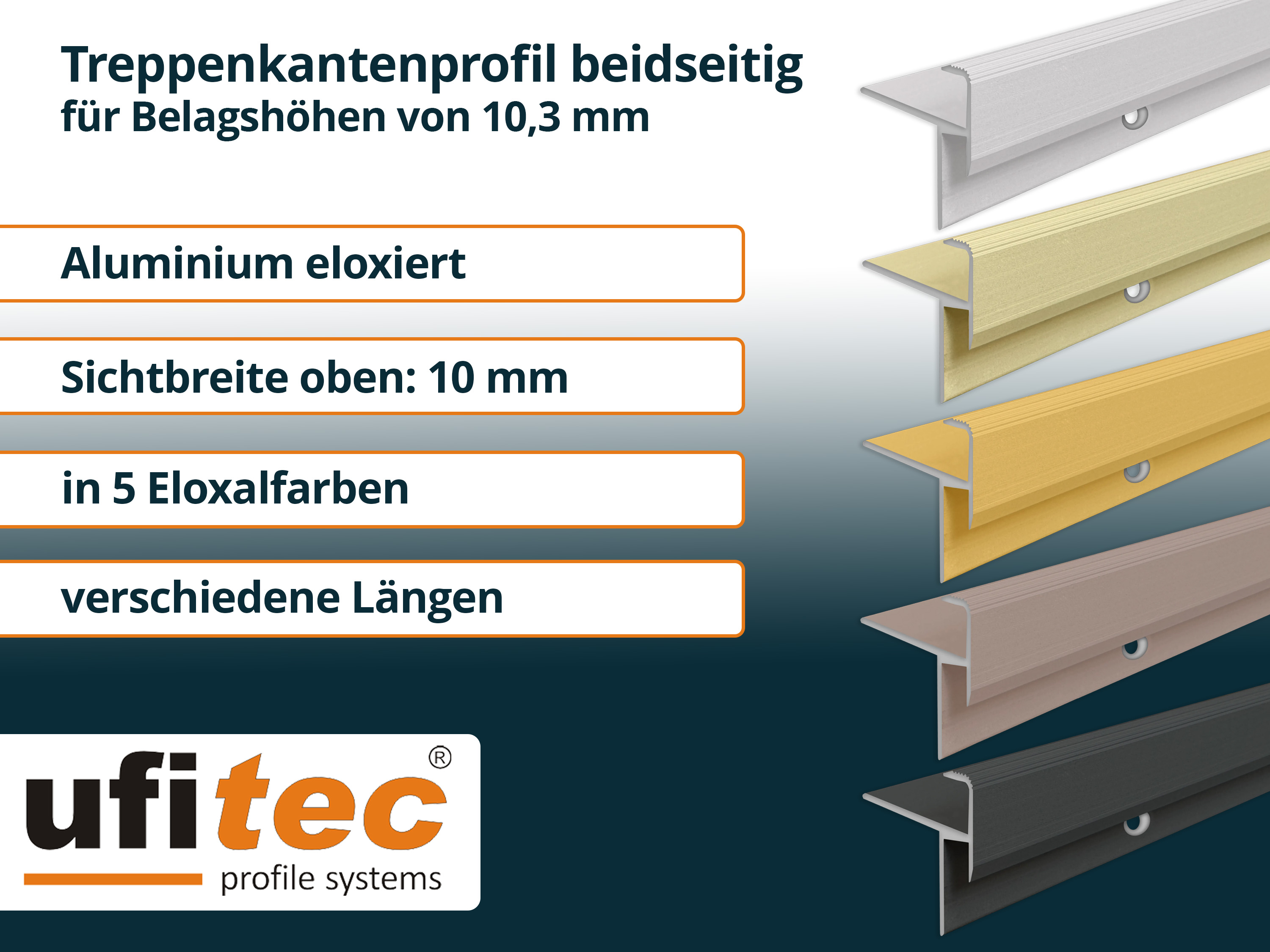 ufitec® Treppenkantenprofil beidseitig für Laminat u. Parkett - Belagshöhen von 10,3 mm-Alu eloxiert