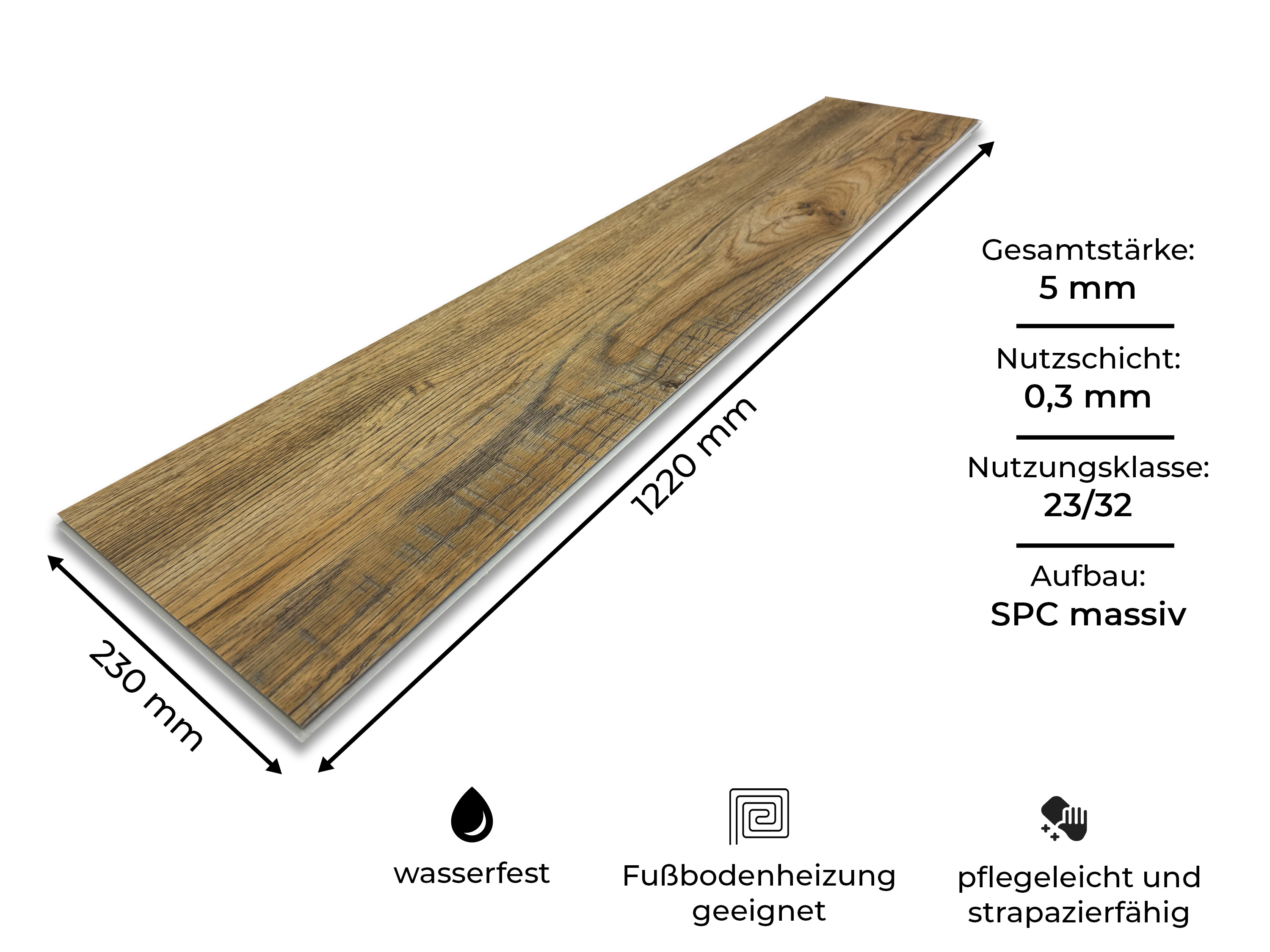 TRECOR® SPC Rigid Klick-Vinylboden Eiche Rustikal Hell Landhausdiele – wasserfest, 5 mm stark, 0,3 mm Nutzschicht