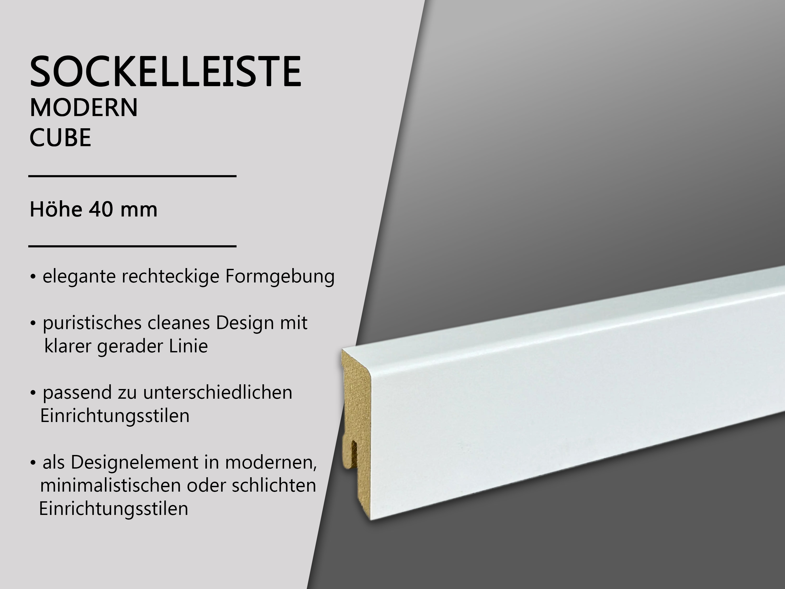 TRECOR® weisse Sockelleiste Fußleiste modern Cube 16 x 40 mm in Weiß RAL 9016 - CLIPSTAR Fräsung