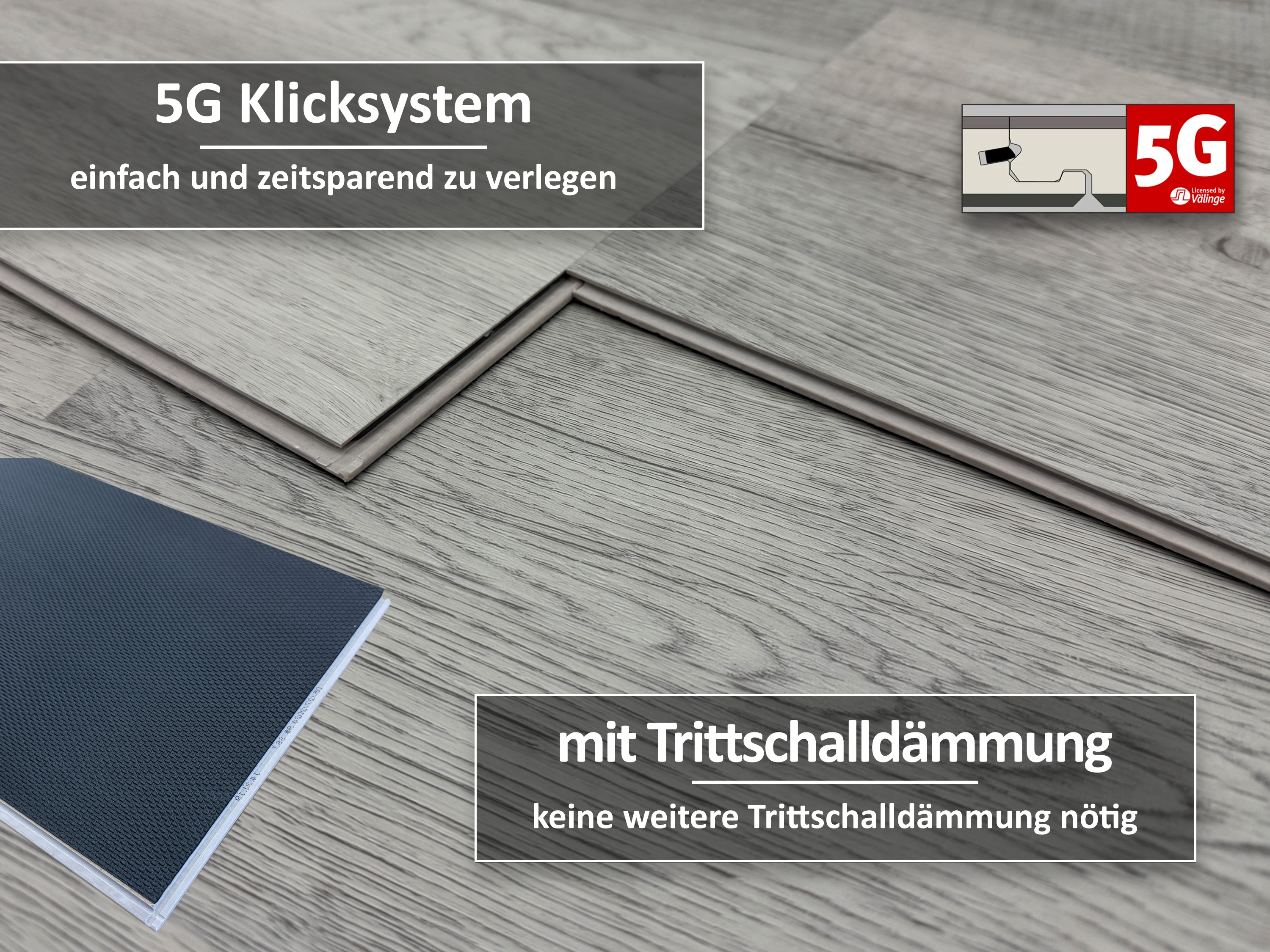 Vinylboden Rigid SPC Cottage Eiche Grau 5G Klicksystem 6,5 mm, V4 Fuge, inkl. 1 mm Trittschalldämmung