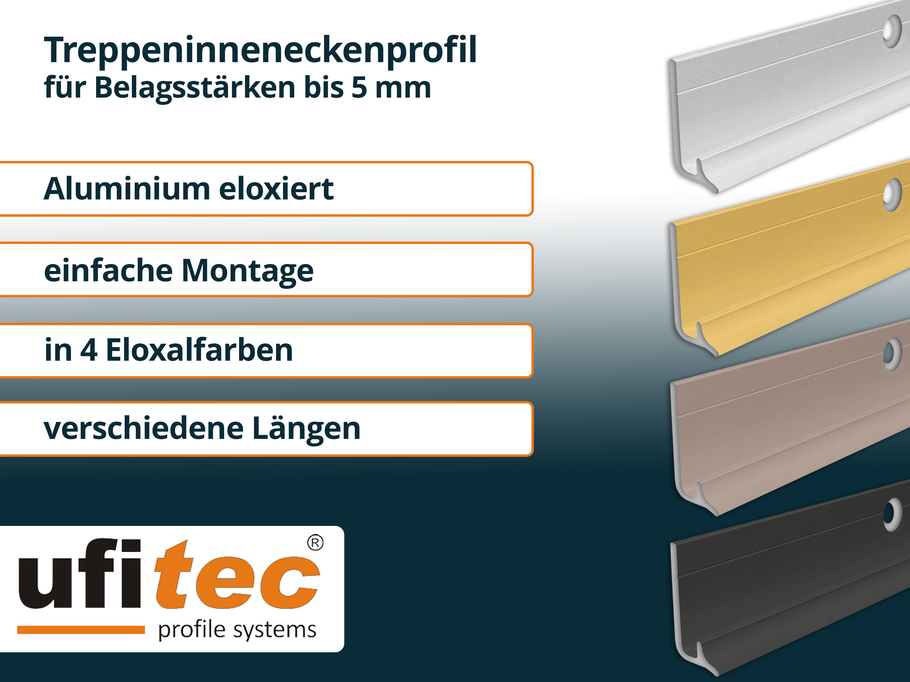 ufitec® Treppeninneneckenprofil für Vinylböden für Belagshöhen von 5 mm -  Alu eloxiert