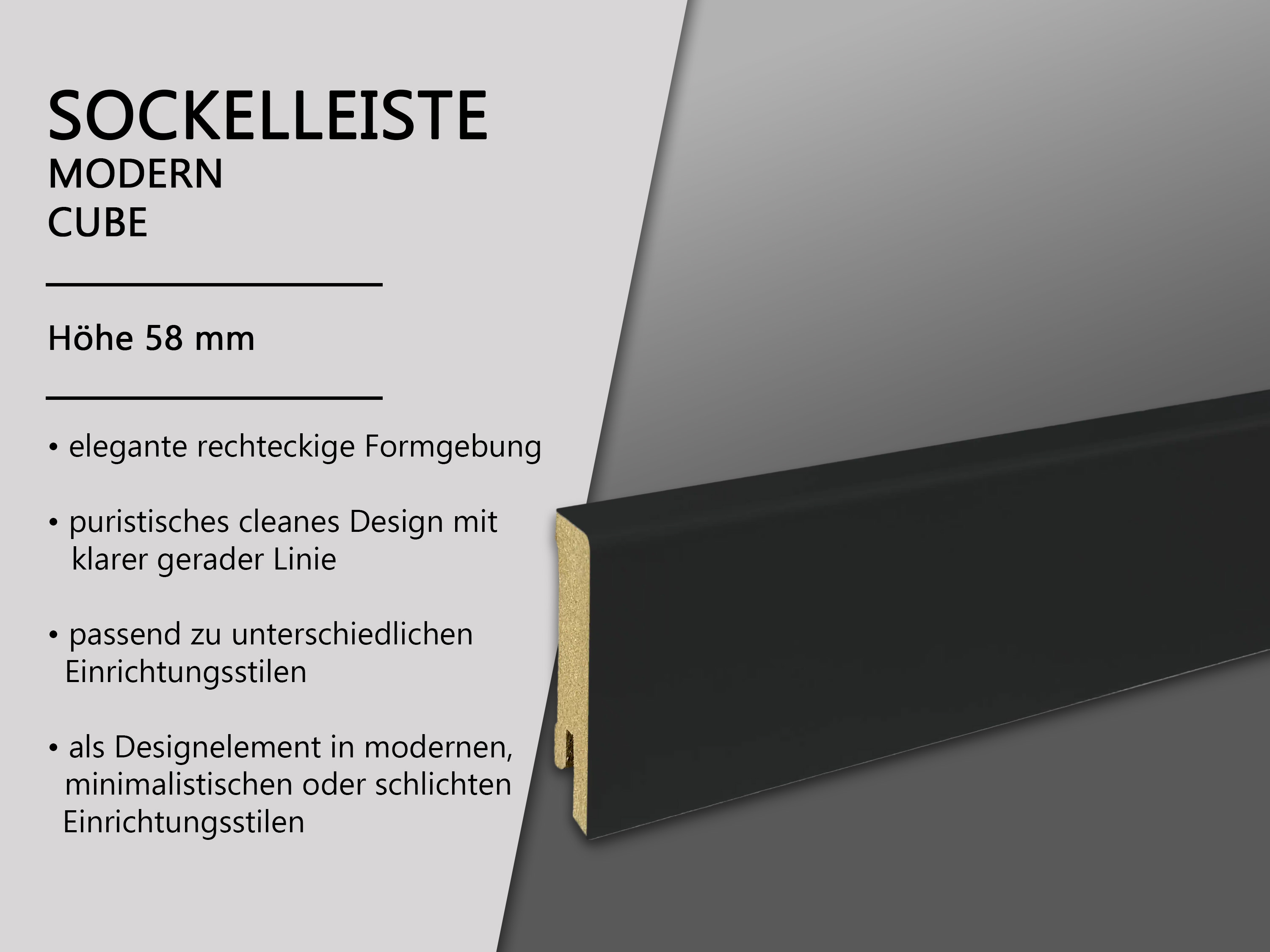 CUBE Sockelleiste Schwarz , Fußleiste 16 x 58 mm in schwarz RAL 9005 - CLIPSTAR Fräsung