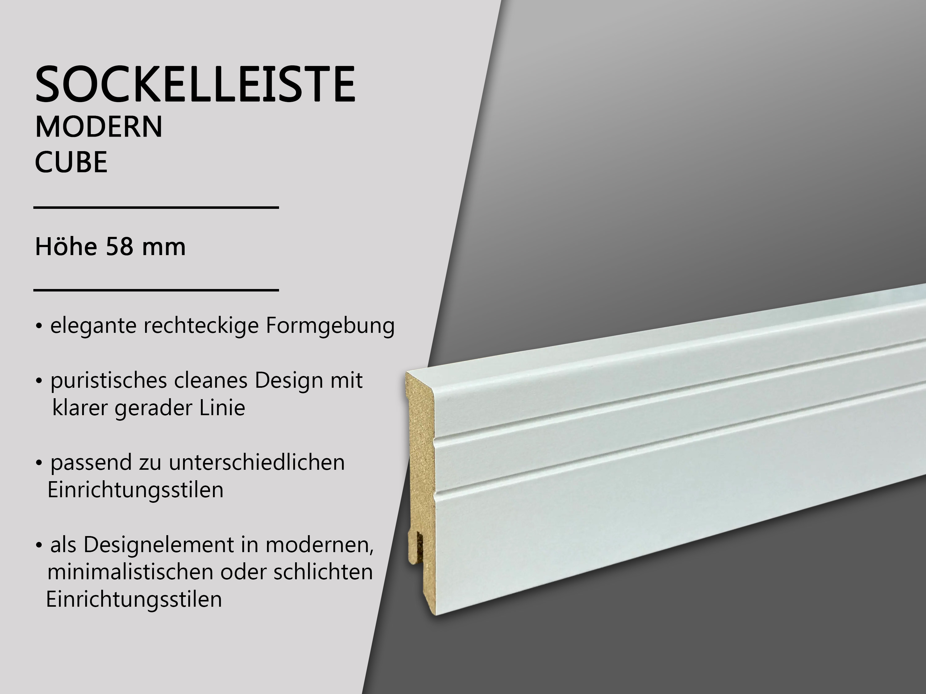 TRECOR® CUBE NEO Sockelleiste, Fußleiste 16 x 58 mm in Weiß RAL 9016 - CLIPSTAR Fräsung