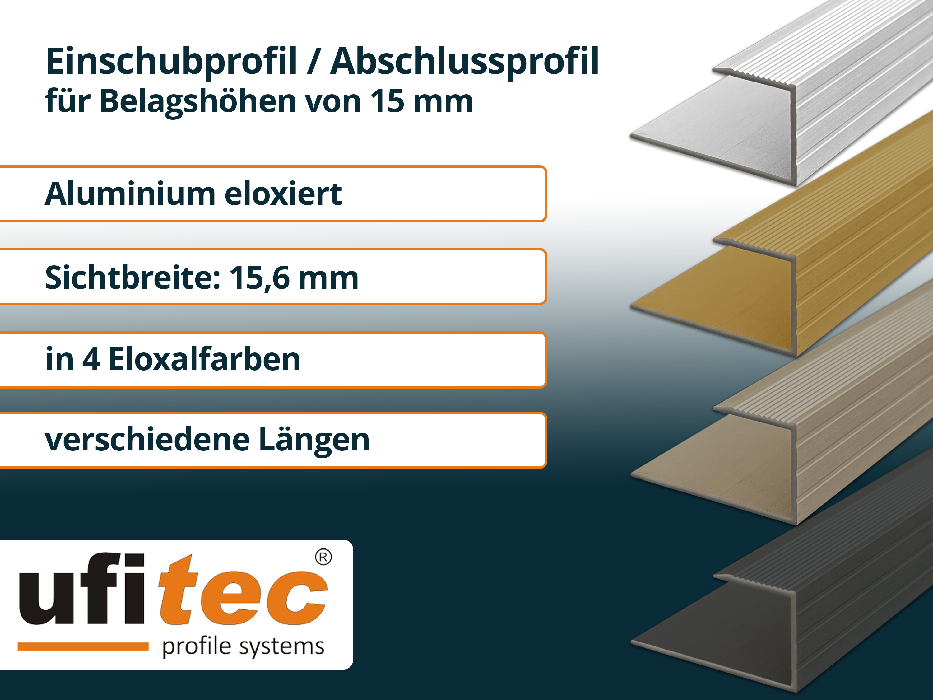 ufitec® Einschubprofile / Abschlussprofile - für Belagshöhen von 15,3 mm - Alu eloxiert