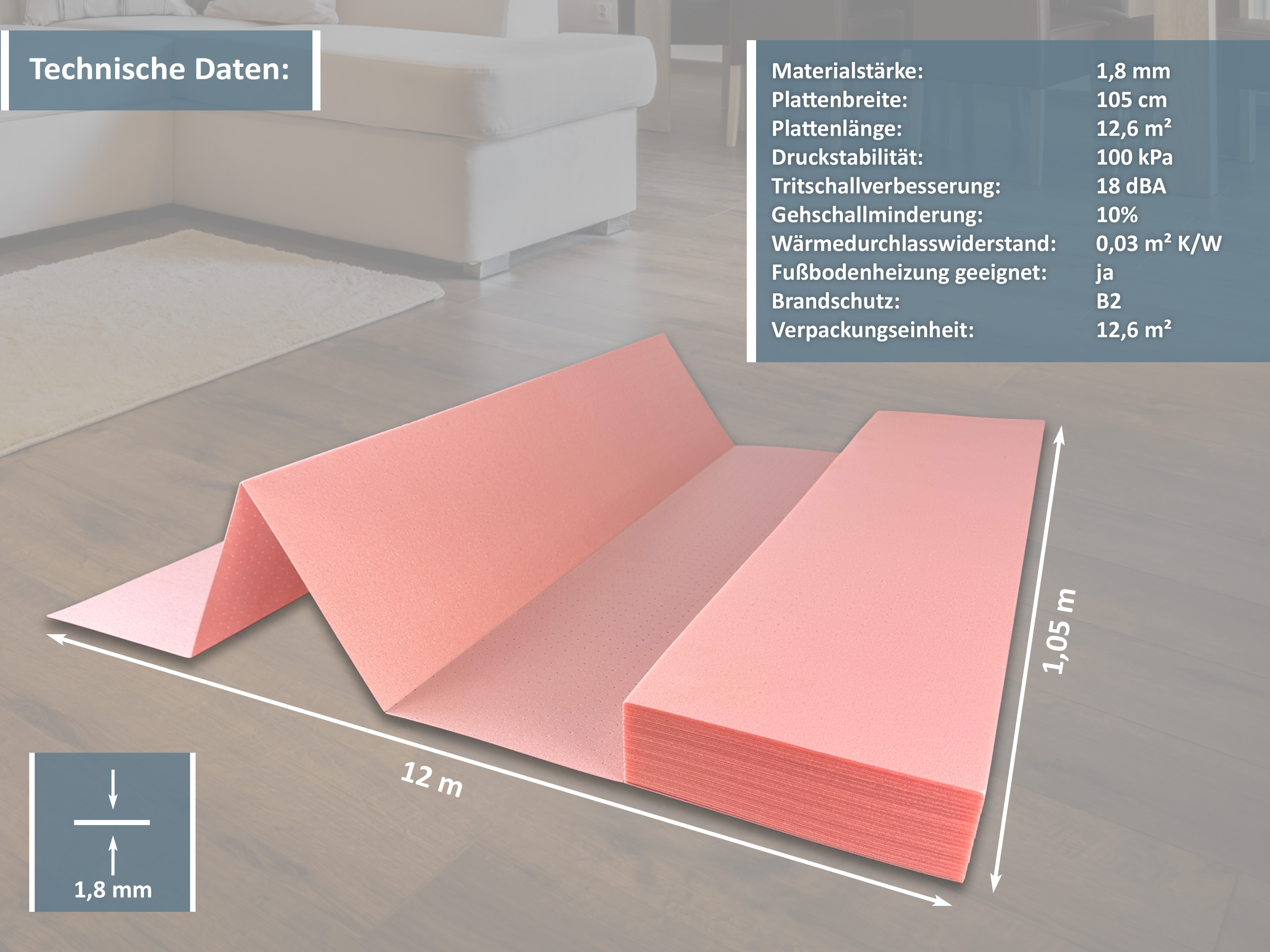 uficell® XPS QUICK PLUS Trittschalldämmung für Fußbodenheizung, Stärke: 1,8 mm, 12,6 m²