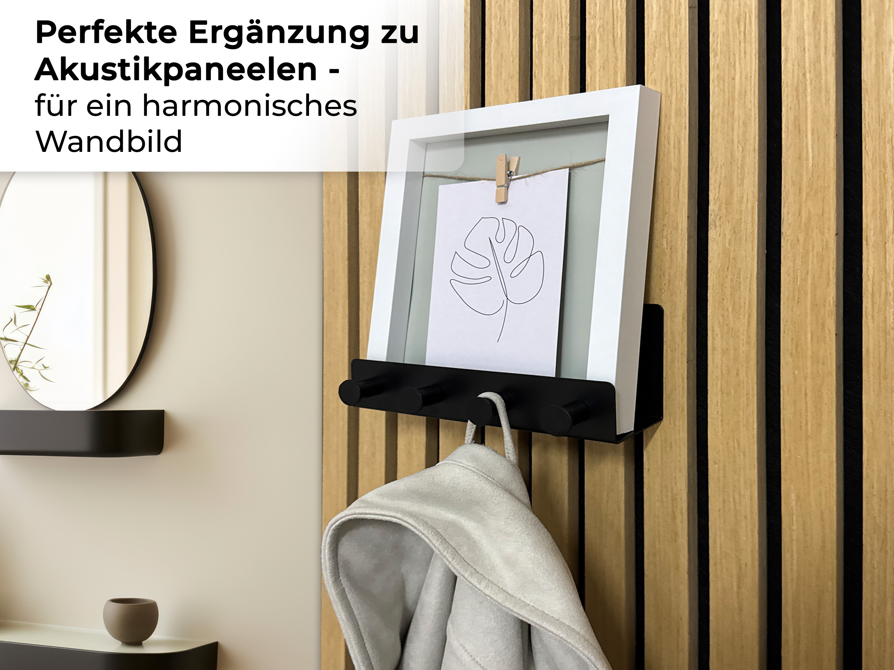 Wandregal mit Hakenleiste Einhängeregal für Akustikpaneele 20 cm – schwarzes Metallregal mit integrierten Haken