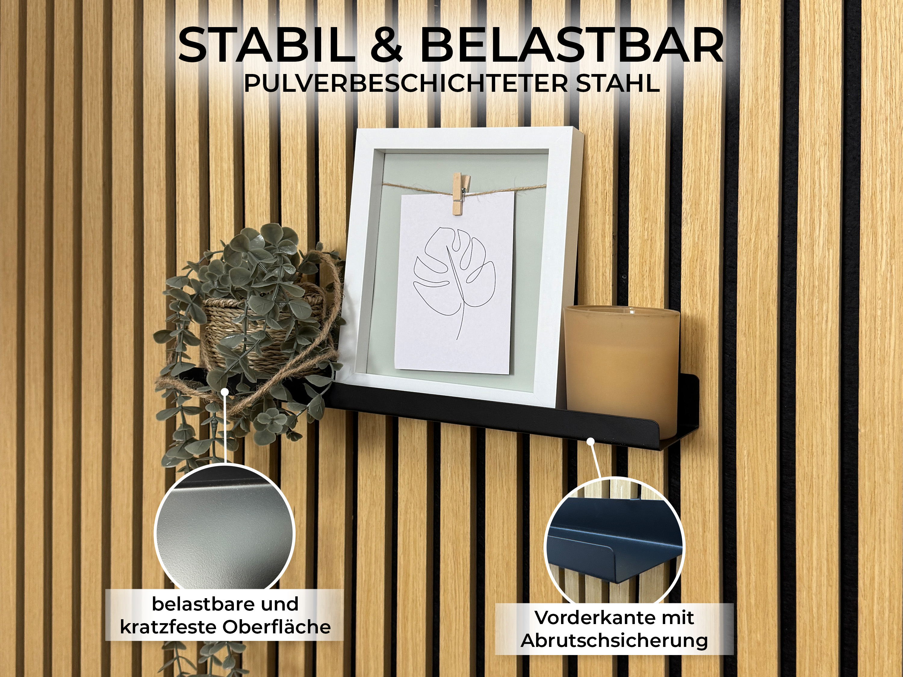 Wandregal Einhängeregal für Akustikpaneele 20 / 40 cm – schwarzes Metallregal für Lamellenwände, modernes Deko- & Ablageregal