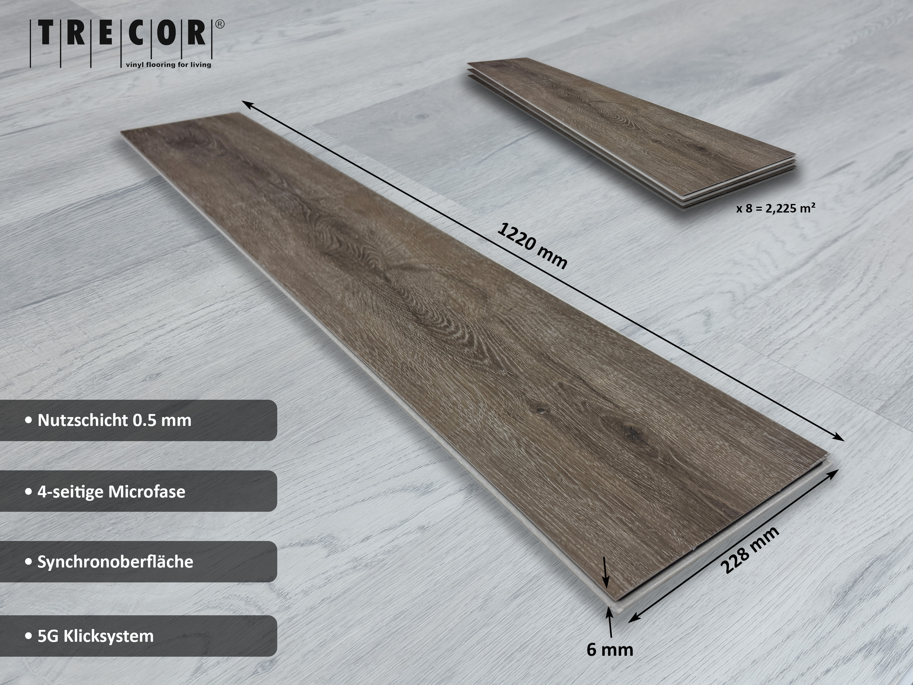TRECOR® SPC / RIGID Klick Vinylboden Eiche Premium Braun Landhausdiele - 5 mm - Synchronoberfläche - 5G Klick