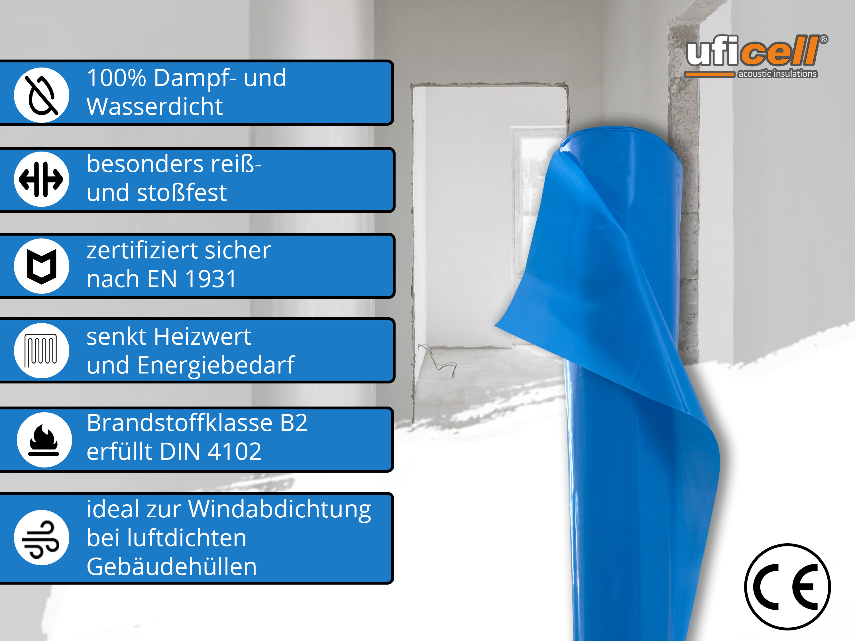 uficell® Dampfsperrfolie - Blau - Stärke: echte 130 my (0,13 mm) - nach DIN Vorgabe